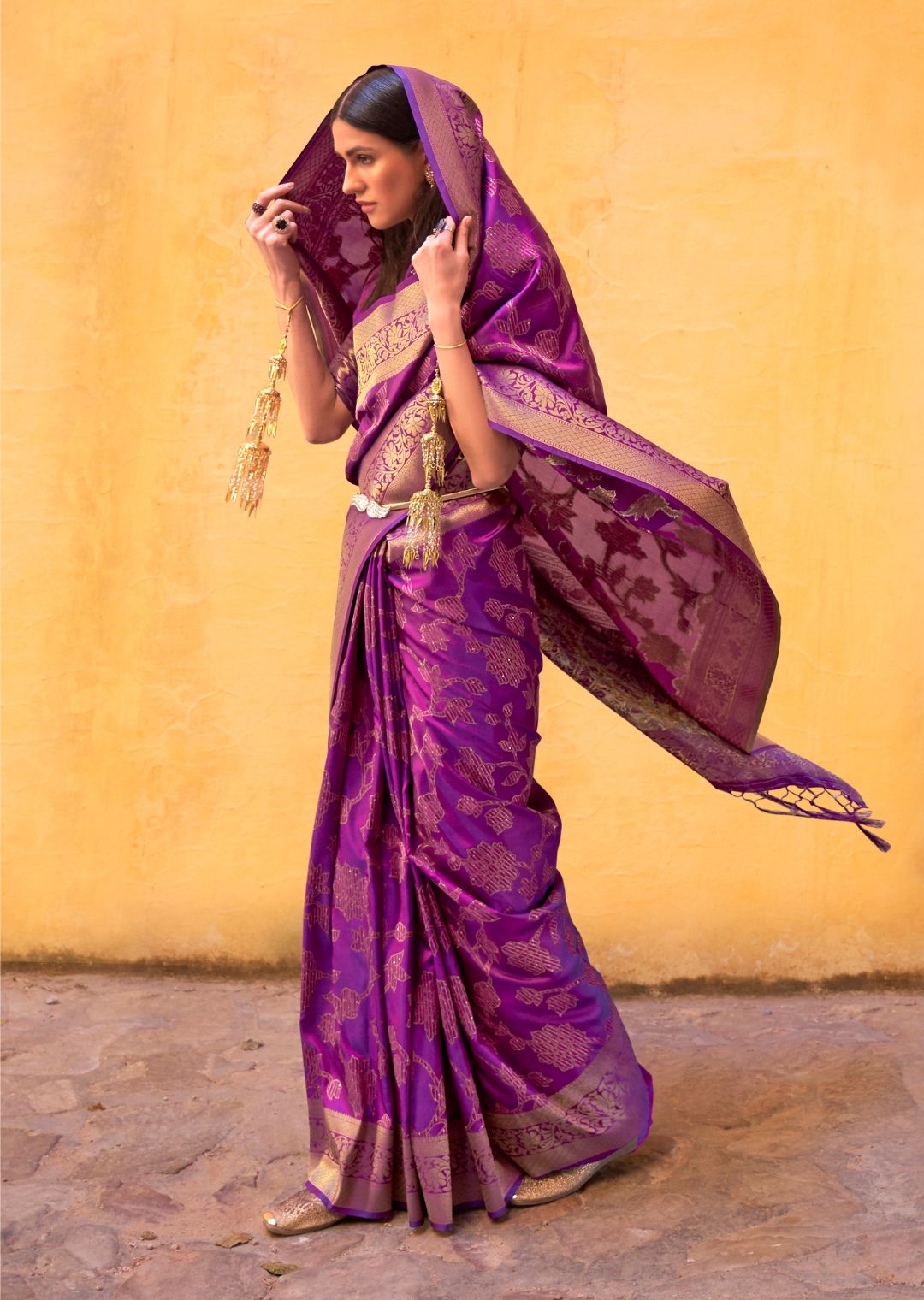 Violet Purple Sequins Woven Pure Handloom Banarasi Silk Saree