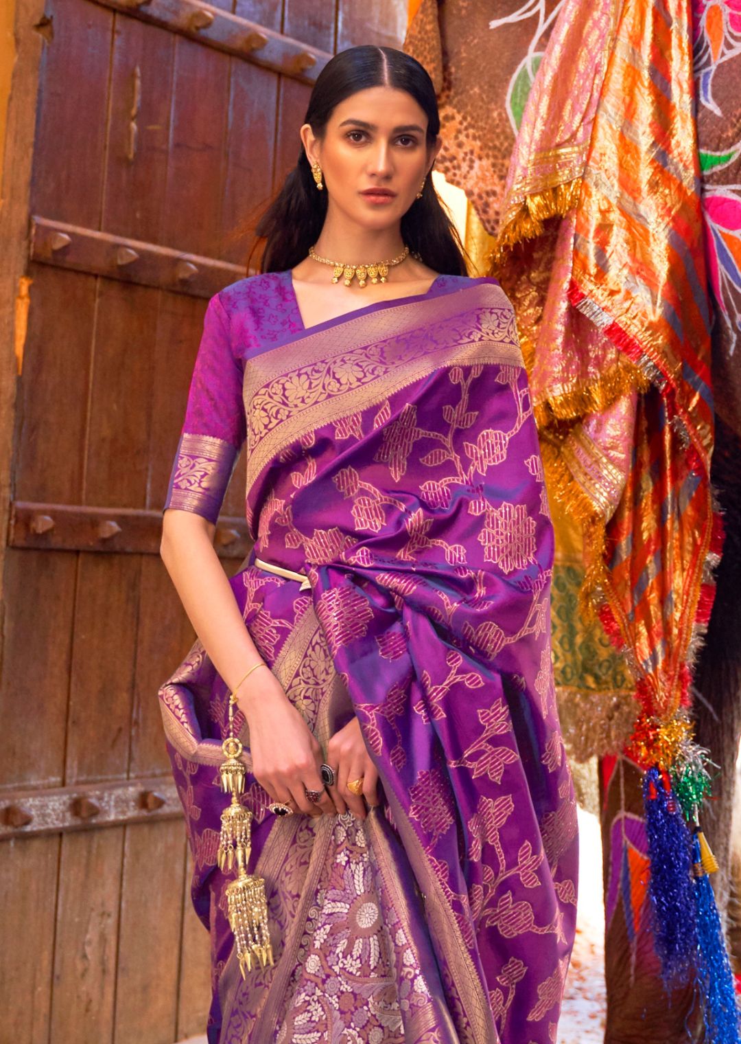 Violet Purple Sequins Woven Pure Handloom Banarasi Silk Saree