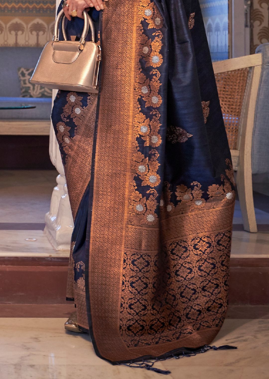 Navy Blue Zari Woven Pure Handloom Banarasi Silk Saree