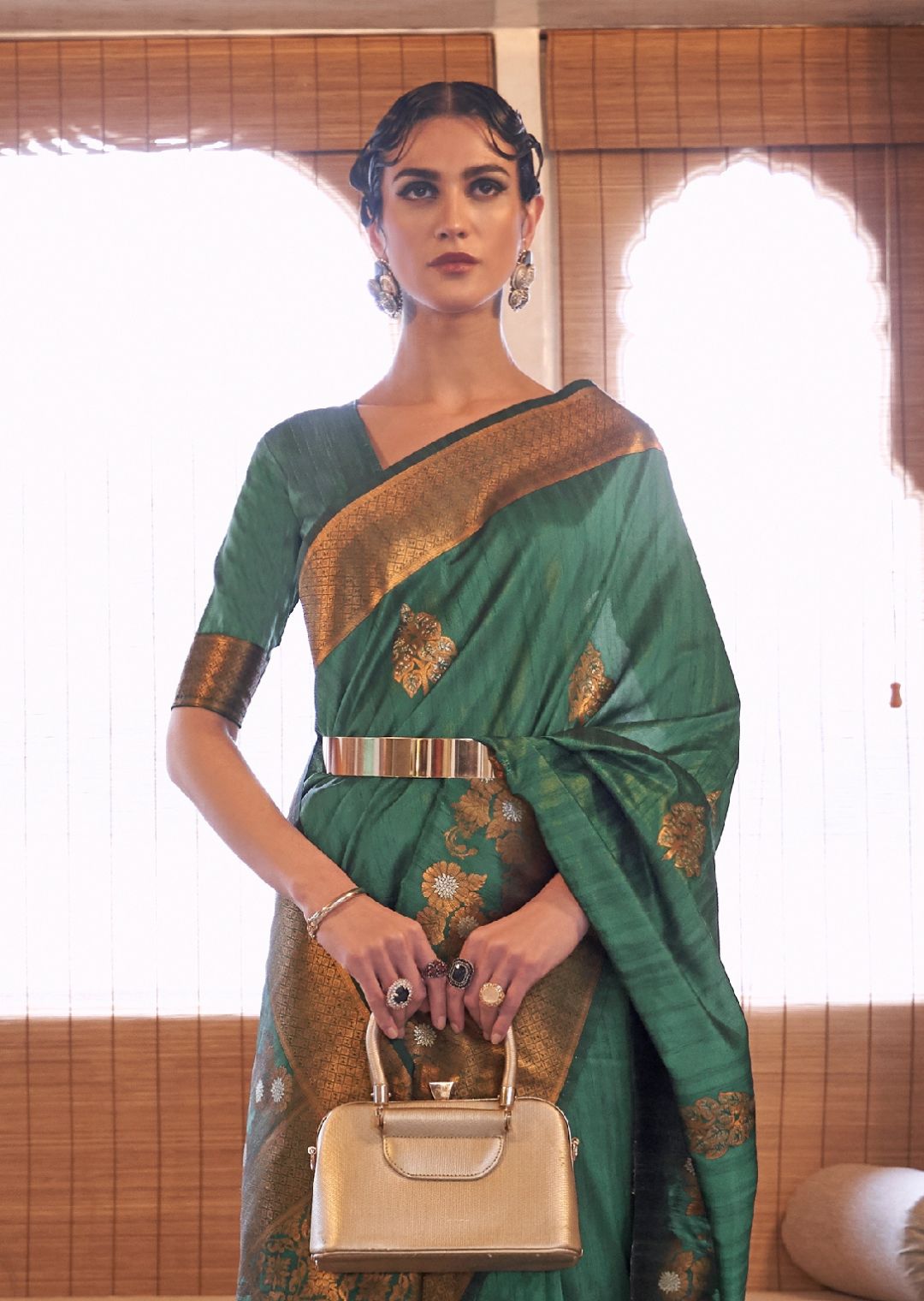 Bottle Green Zari Woven Pure Handloom Banarasi Silk Saree