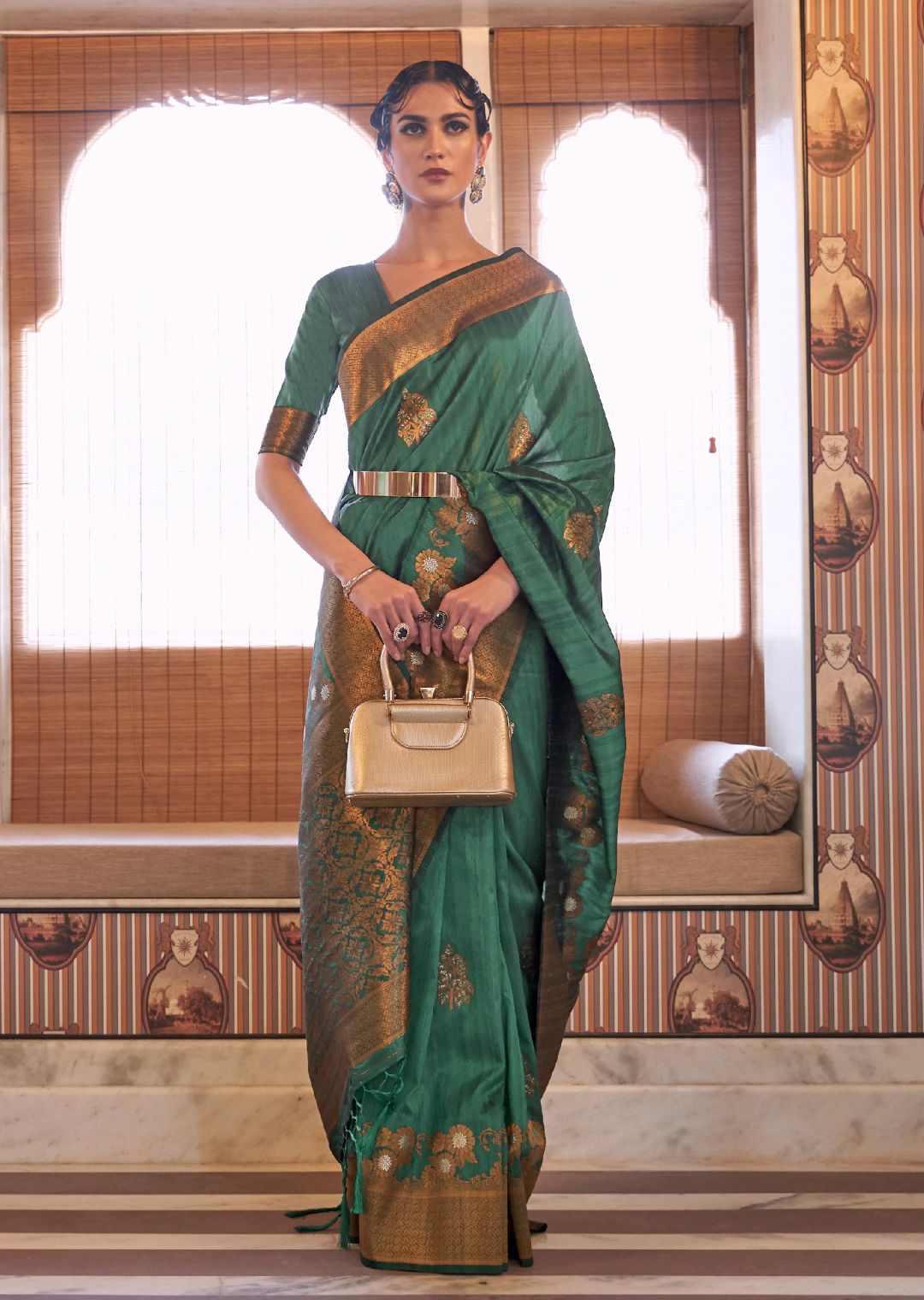 Shop Bottle Green Banarasi Silk Woven Zari Saree|SARV122199