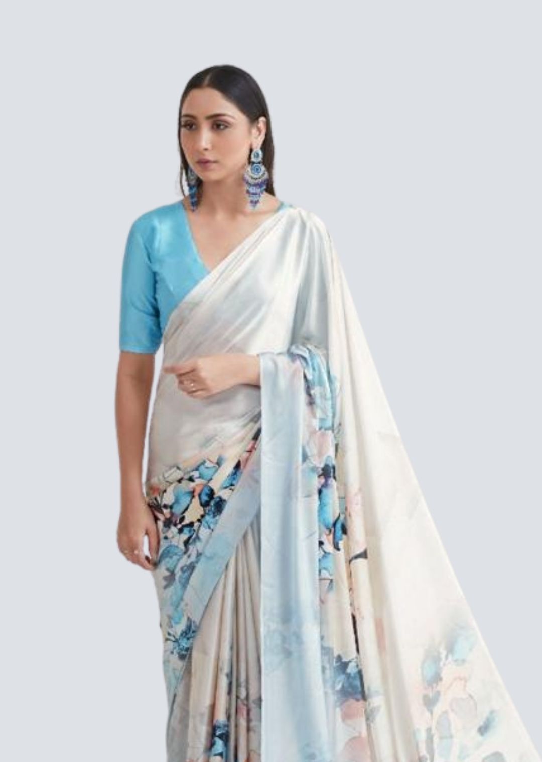 Cloud White & Aqua Blue Shaded Digital Printed Satin Crepe Saree