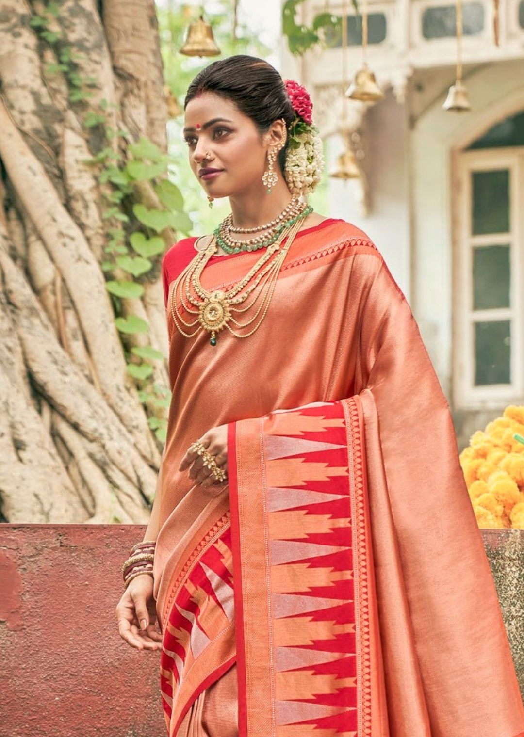 Golden Brick Red Woven Kanjivaram Silk Saree