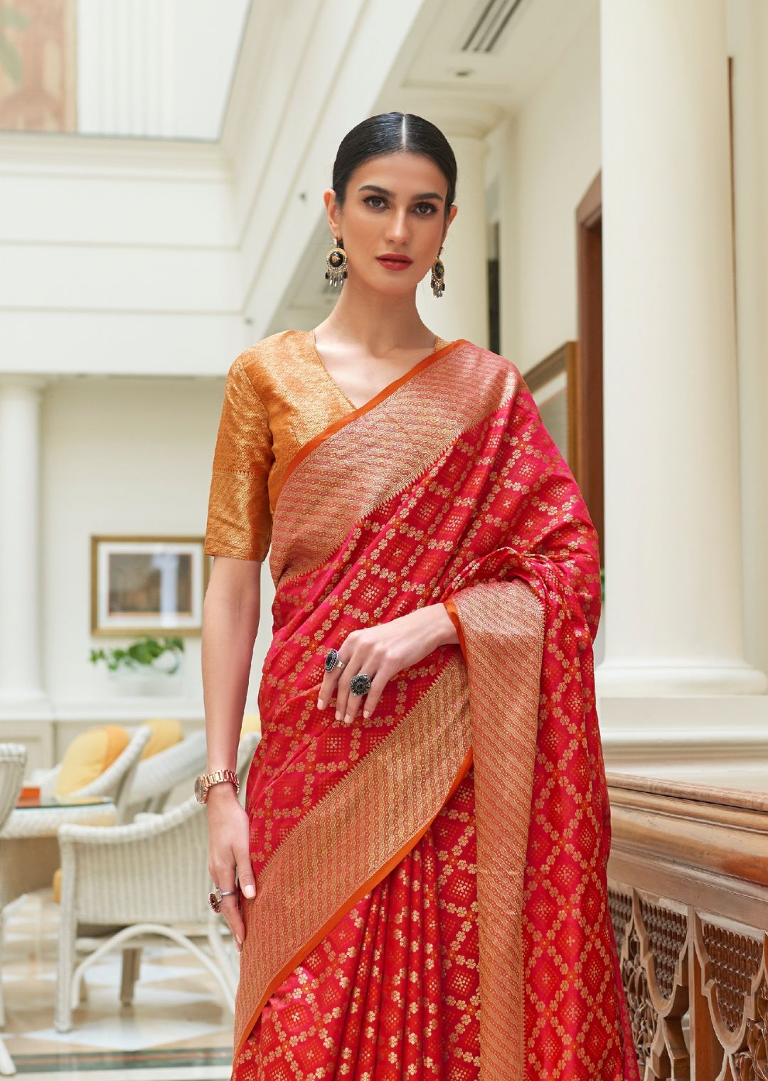 Red Zari Woven Traditional Patola Silk Saree With Self Brocade Blouse