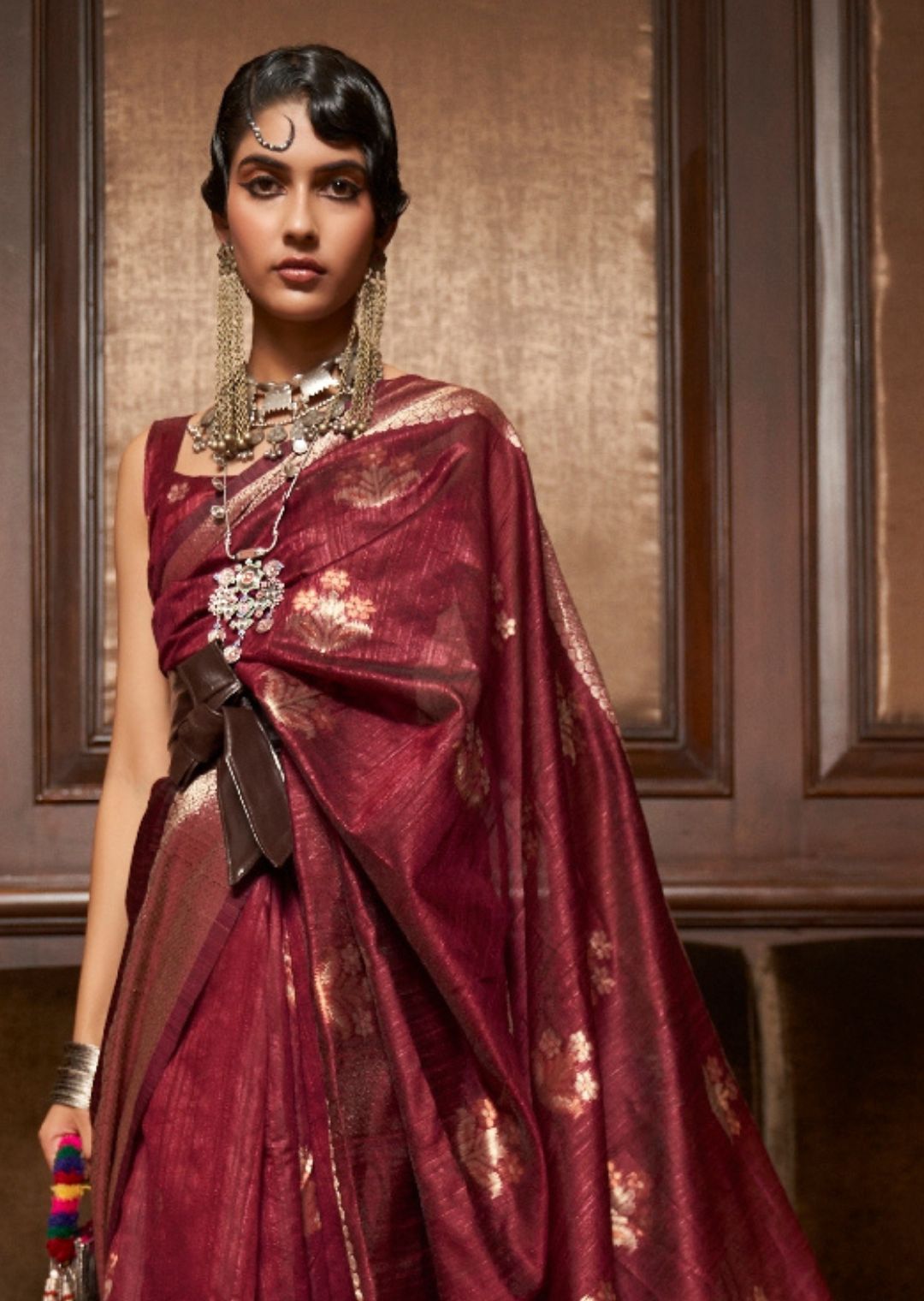Maroon Red Woven Handloom Pure Tessar Zari Silk Saree