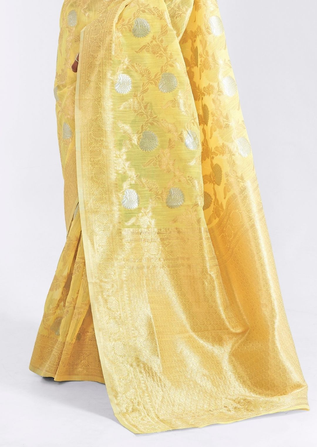 Lemon Yellow Zari Woven Pure Handloom Linen Saree