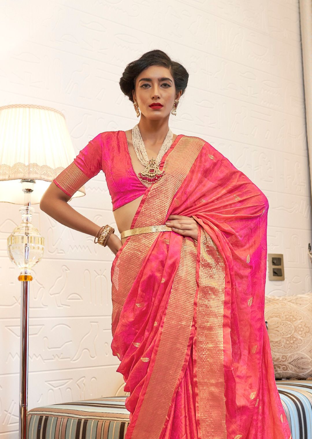 French Rose Pink Woven Handloom Zari Silk Saree