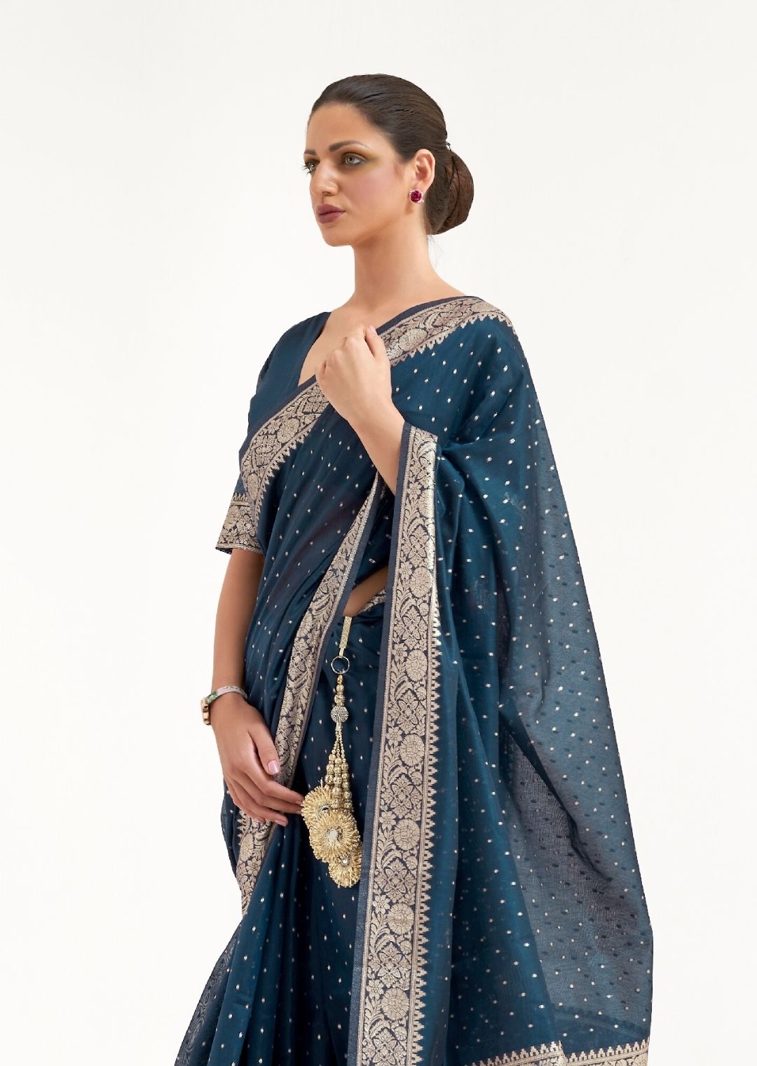 Prussian Blue Woven Soft Tussar Cotton Silk Saree