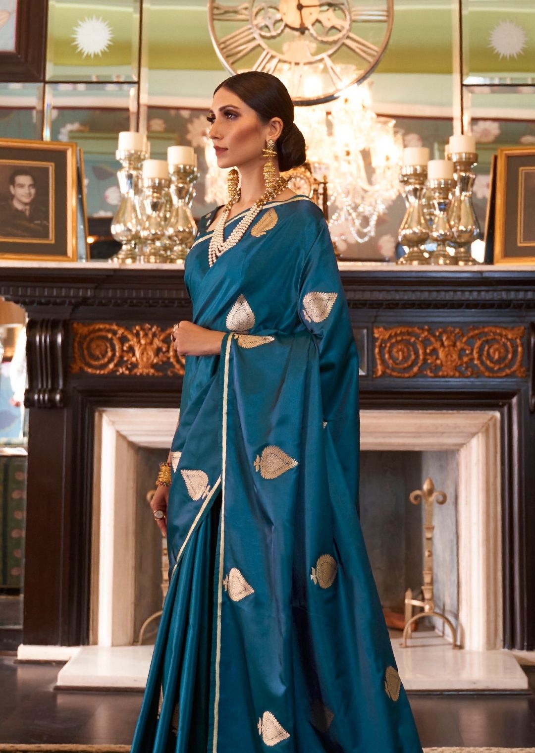 Yale Blue Woven Pure Satin Silk Saree