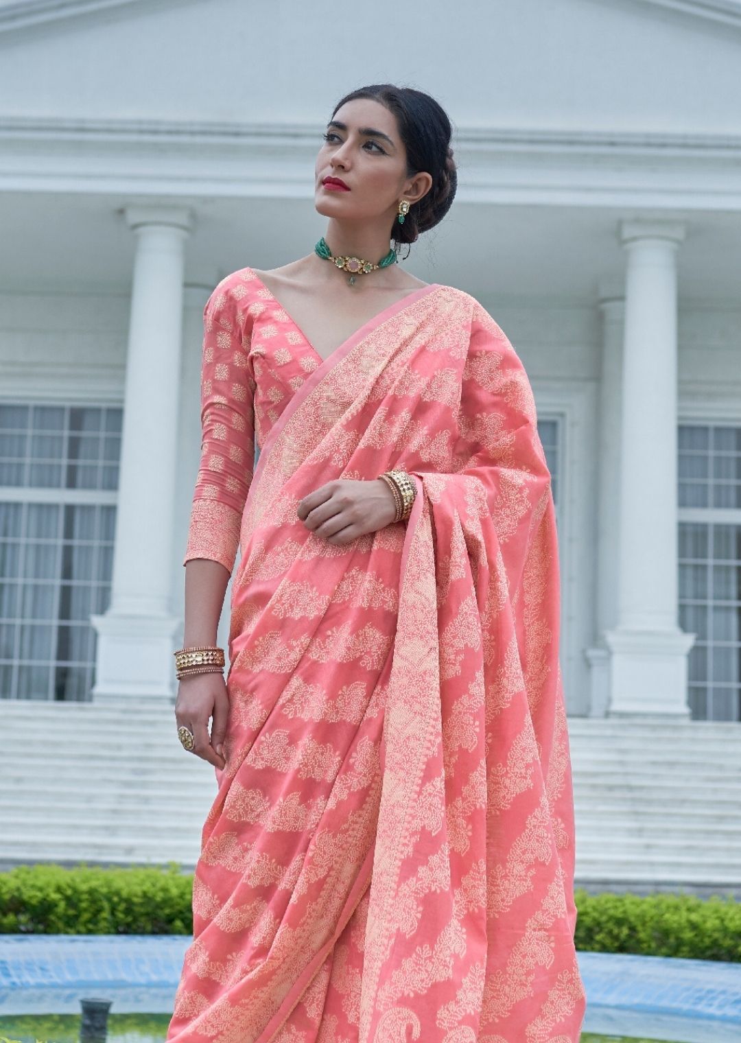 Light Brick Pink Hand Woven Lucknowi Cotton Saree