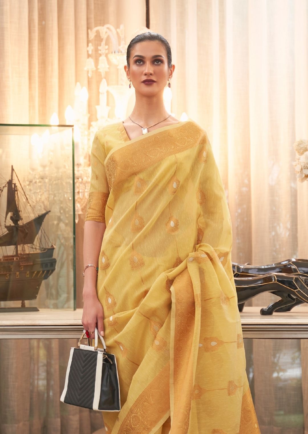 Royal Yellow Zari Woven Pure Handloom Linen Saree