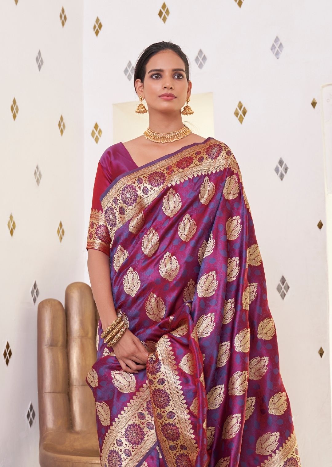 Plum Purple Woven Pure Satin Banarasi Silk Saree