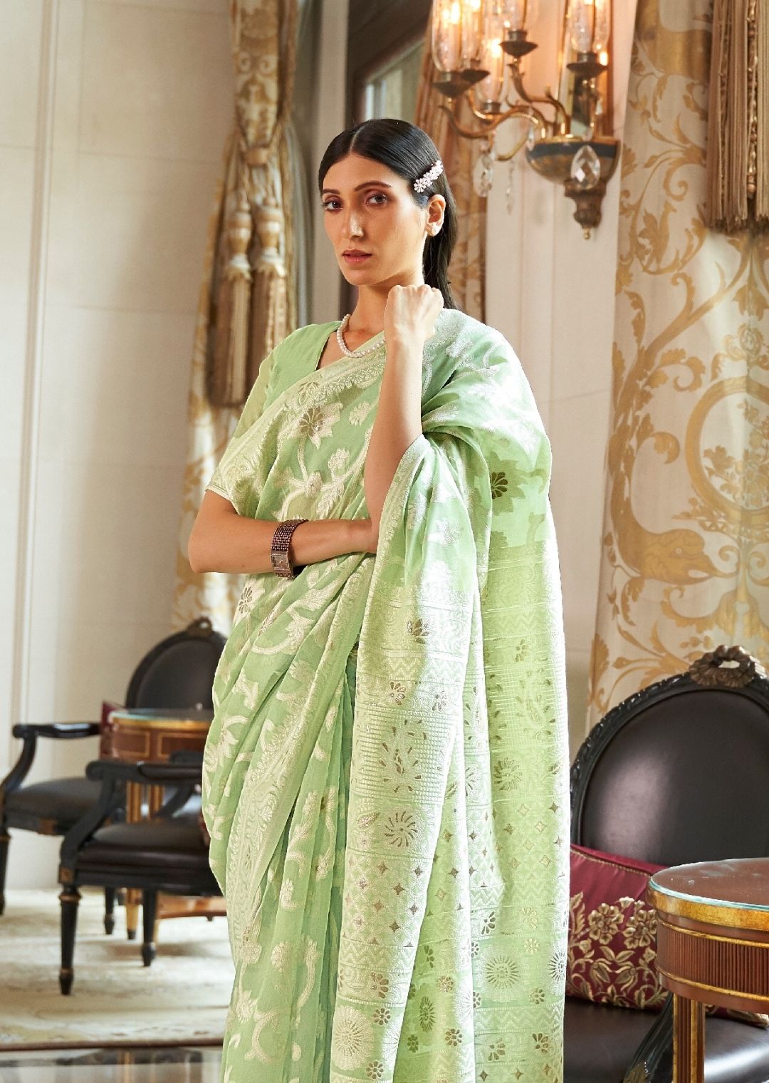 Pista Green Hand Woven Lucknowi Cotton Saree