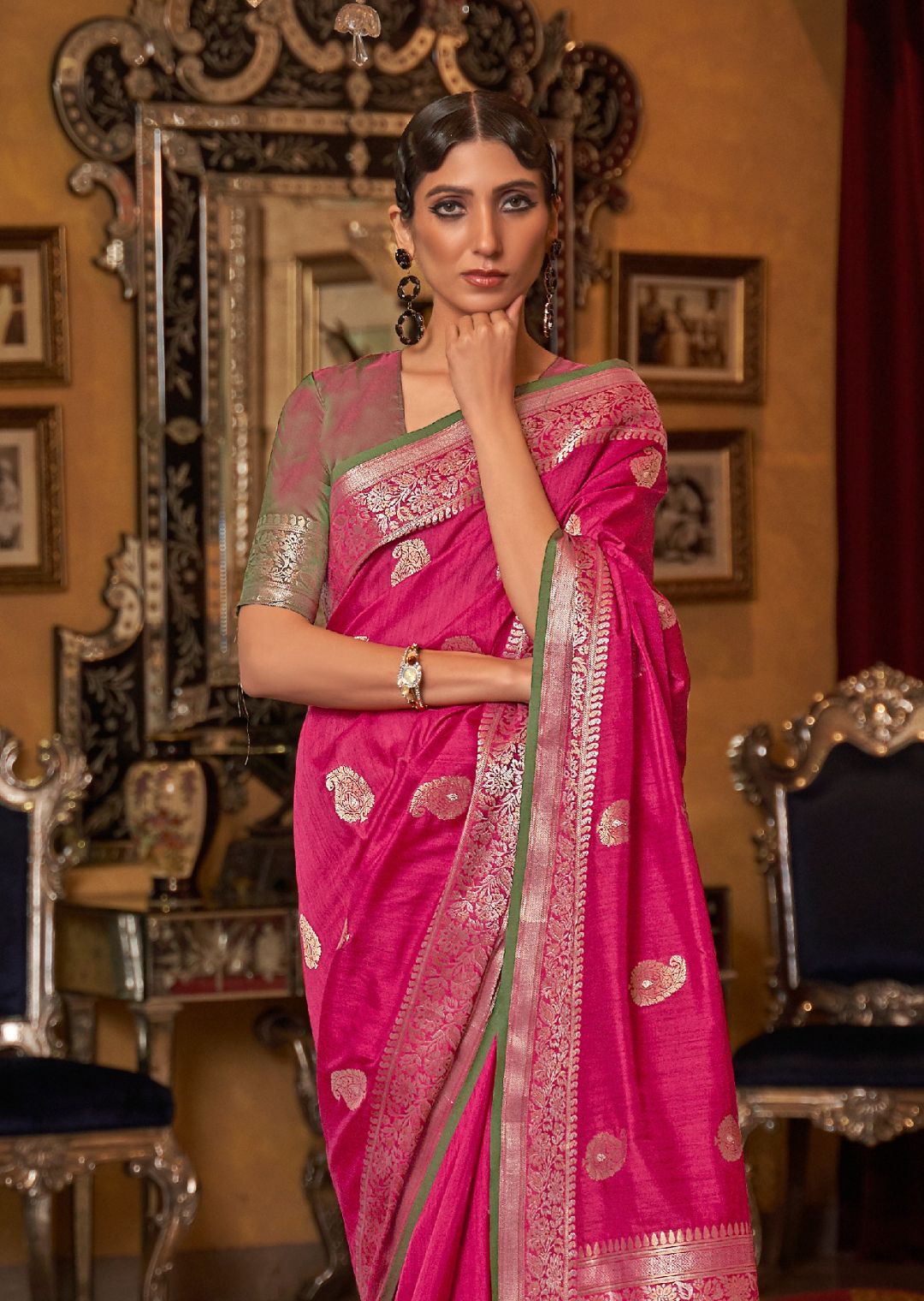 Deep Pink Zari Woven Pure Handloom Tessar Silk Saree