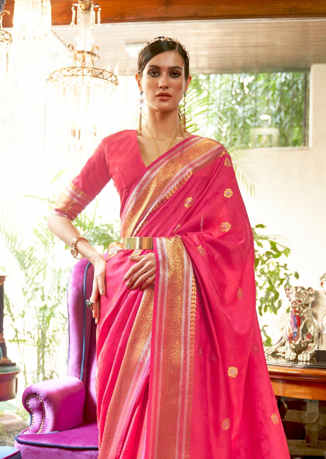 Deep Watermelon Pink Woven Handloom Zari Silk Saree