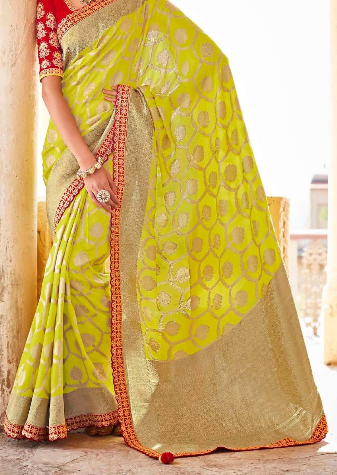 Lime Green Woven Exclusive Designer Banarasi Silk Saree With Embroidered Silk Blouse