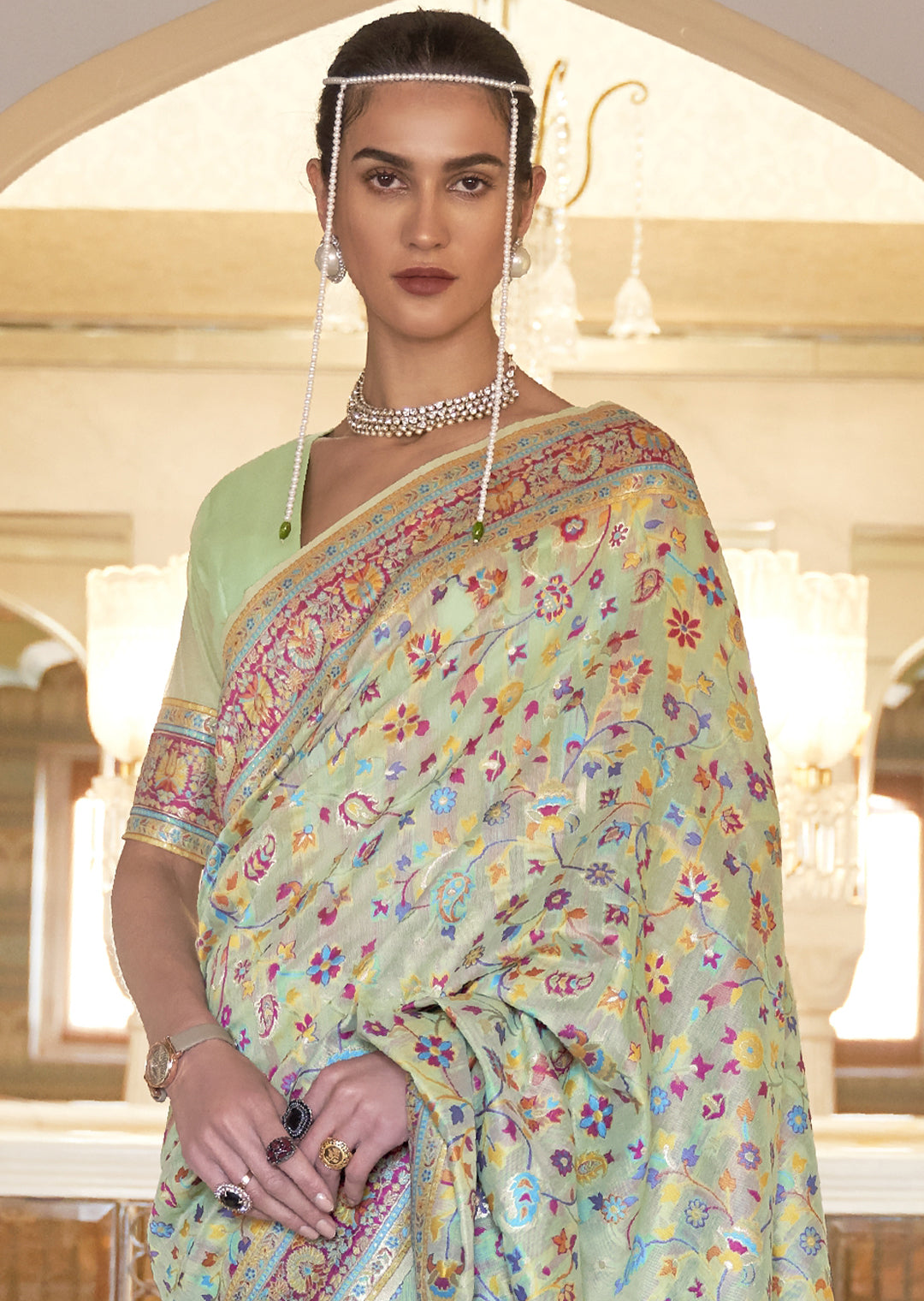 TEA GREEN RESHAM WOVEN KASHMIRI JAMEWAR SILK SAREE