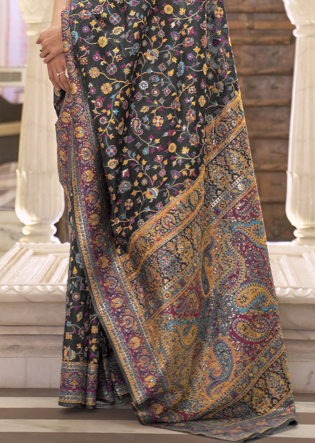 BLACK RESHAM WOVEN KASHMIRI JAMEWAR SILK SAREE