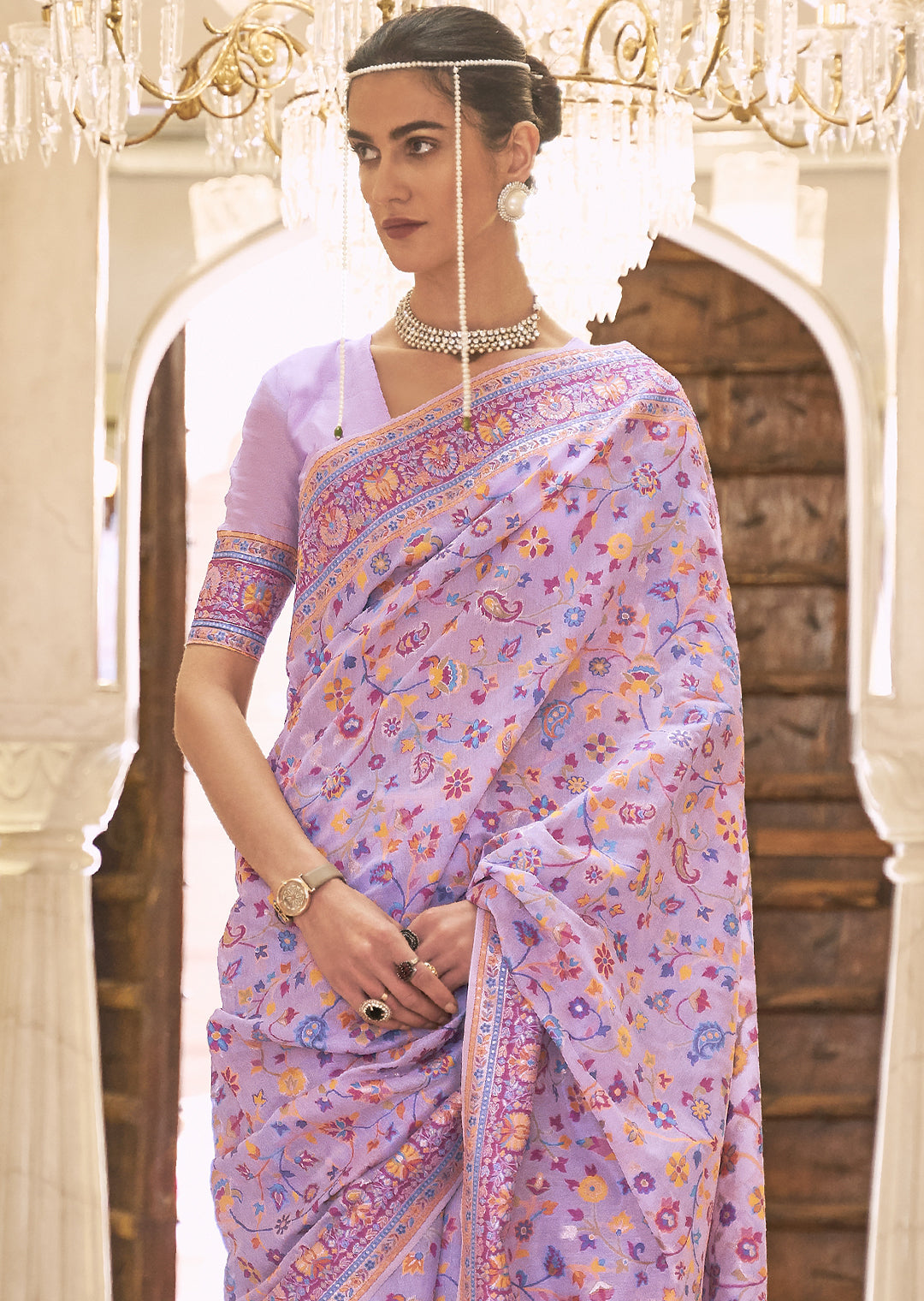 LAVENDER RESHAM WOVEN KASHMIRI JAMEWAR SILK SAREE