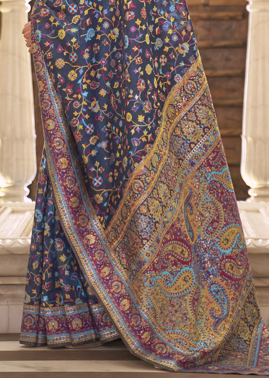 NAVY BLUE RESHAM WOVEN KASHMIRI JAMEWAR SILK SAREE