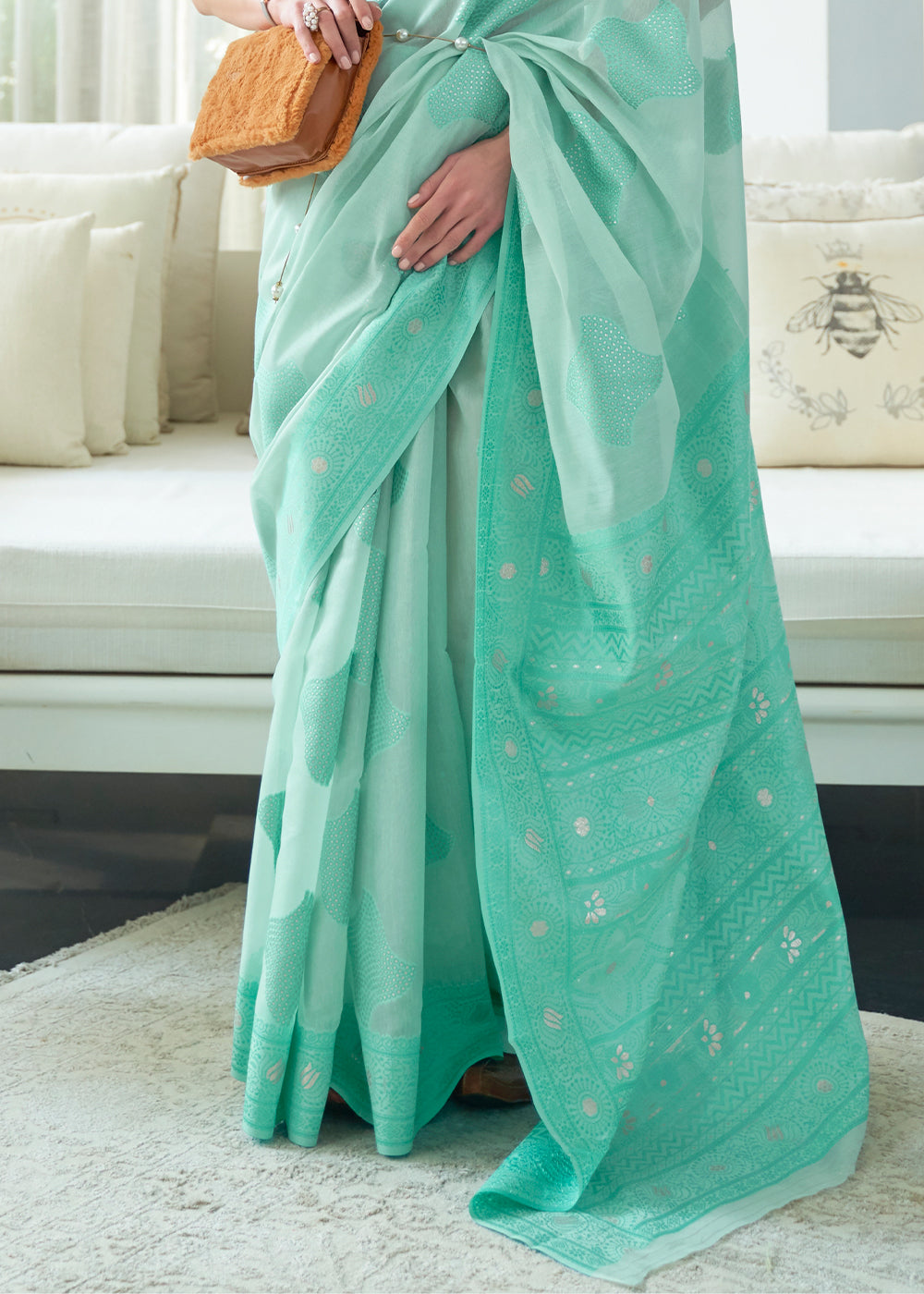 AQUA BLUE WOVEN PURE CHIKANKARI LUCKNOWI COTTON SAREE