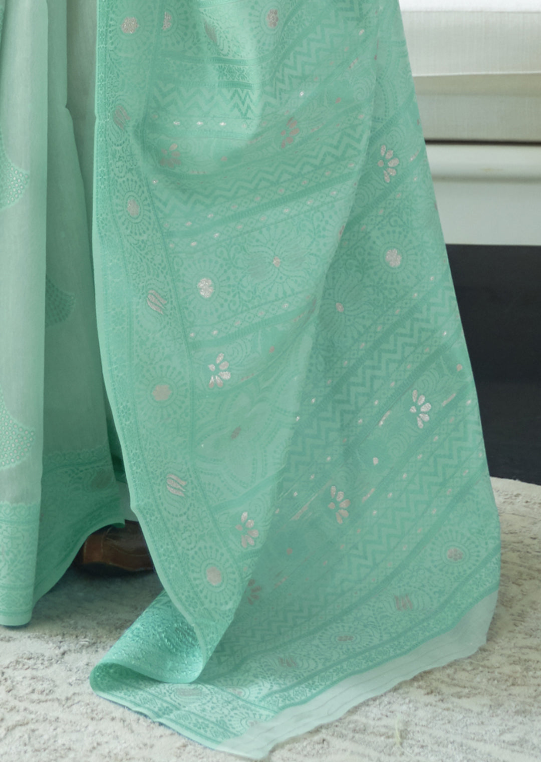 AQUA BLUE WOVEN PURE CHIKANKARI LUCKNOWI COTTON SAREE