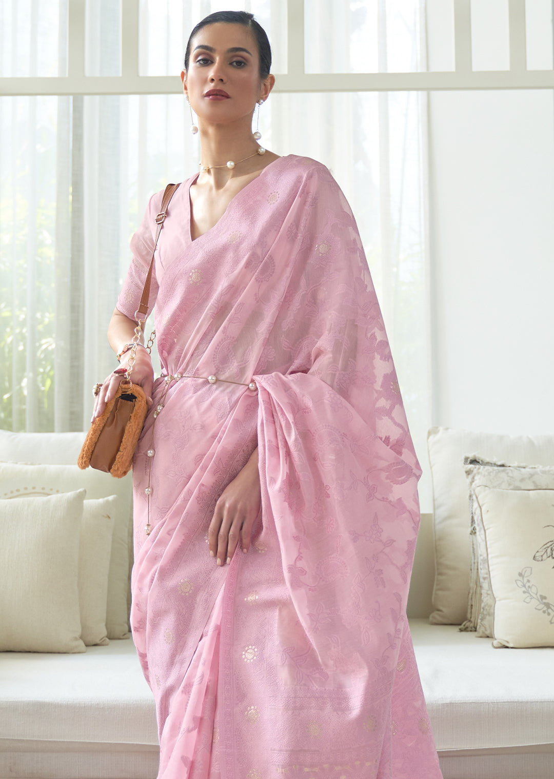 CARNATION PINK WOVEN PURE CHIKANKARI LUCKNOWI COTTON SAREE