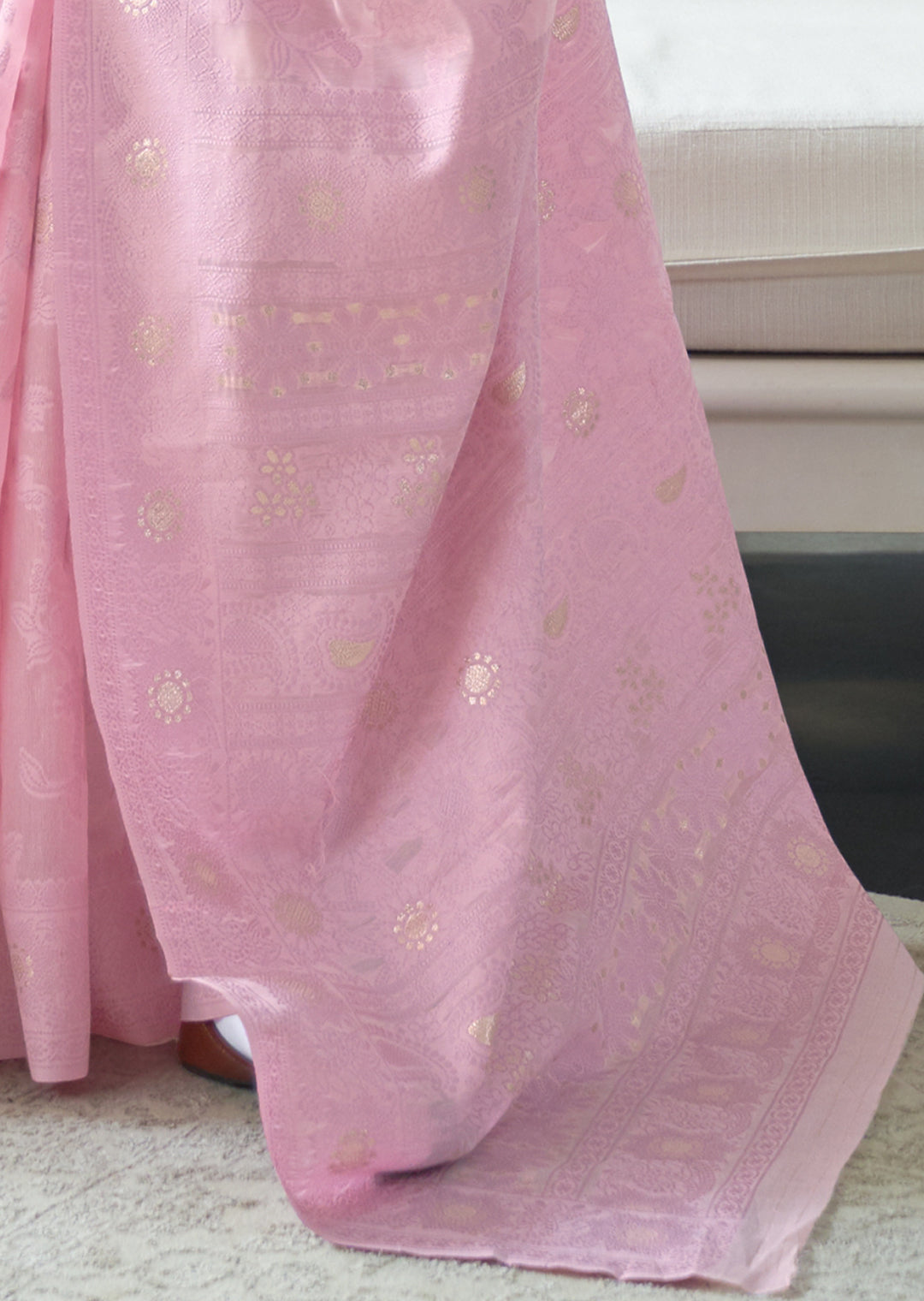 CARNATION PINK WOVEN PURE CHIKANKARI LUCKNOWI COTTON SAREE