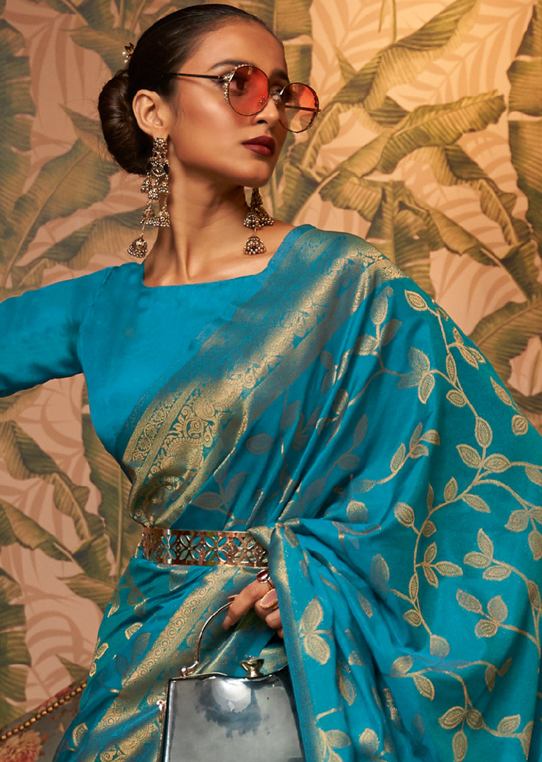 CYAN BLUE ZARI WOVEN TWO TONE BANARASI CHINON SILK SAREE