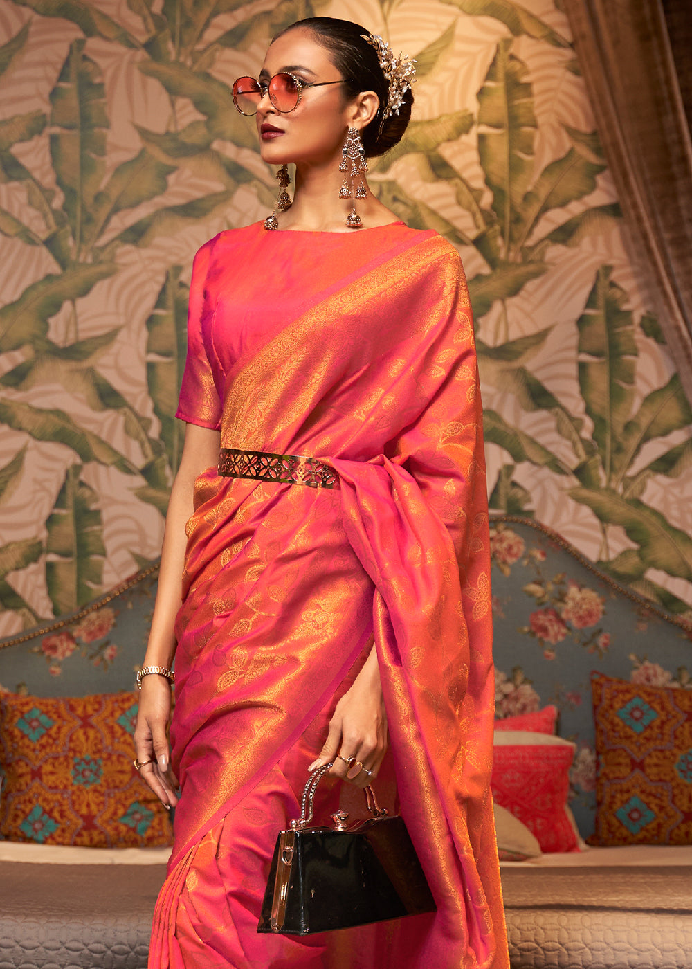 SUNSET ORANGE ZARI WOVEN TWO TONE BANARASI CHINON SILK SAREE