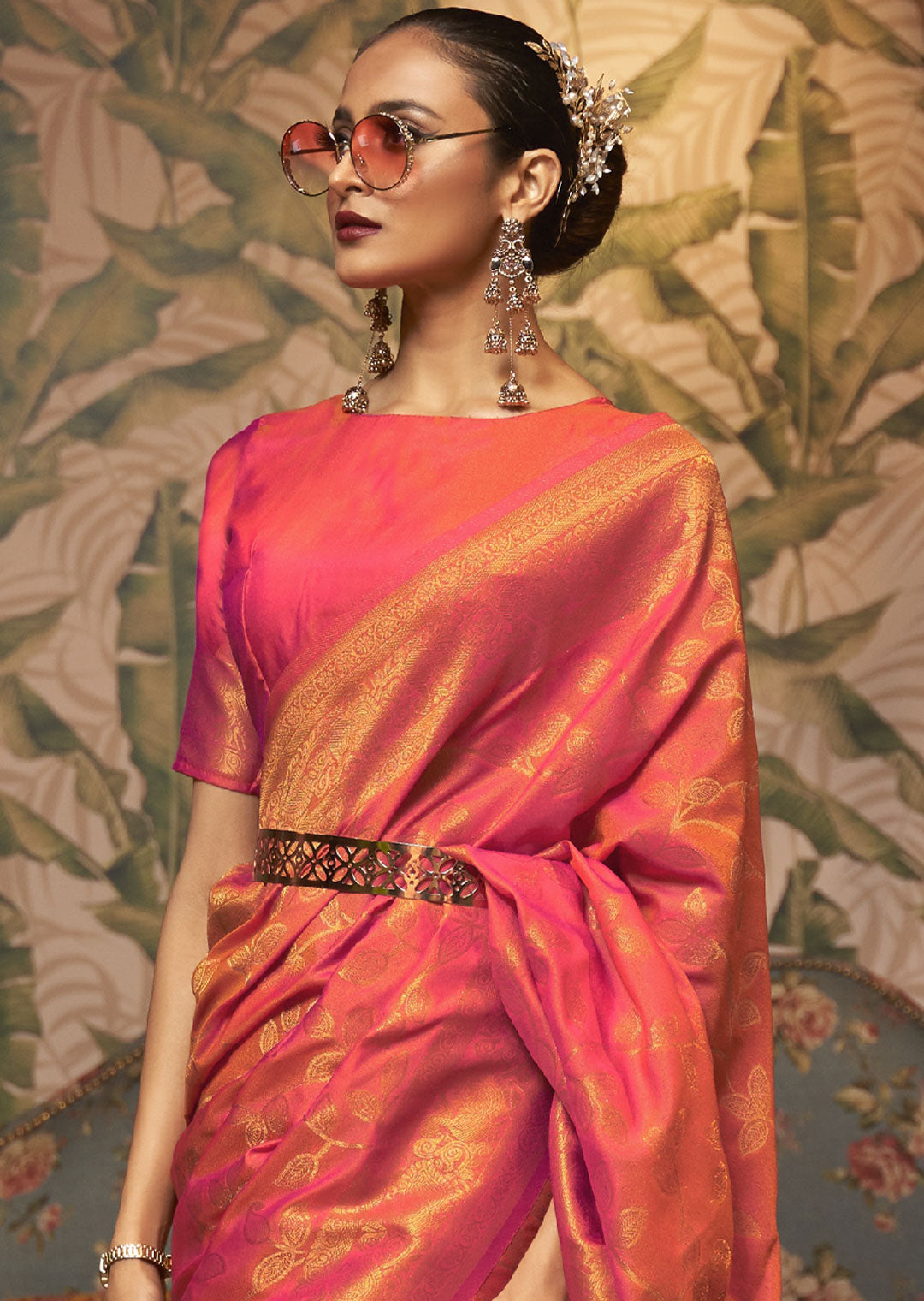 SUNSET ORANGE ZARI WOVEN TWO TONE BANARASI CHINON SILK SAREE