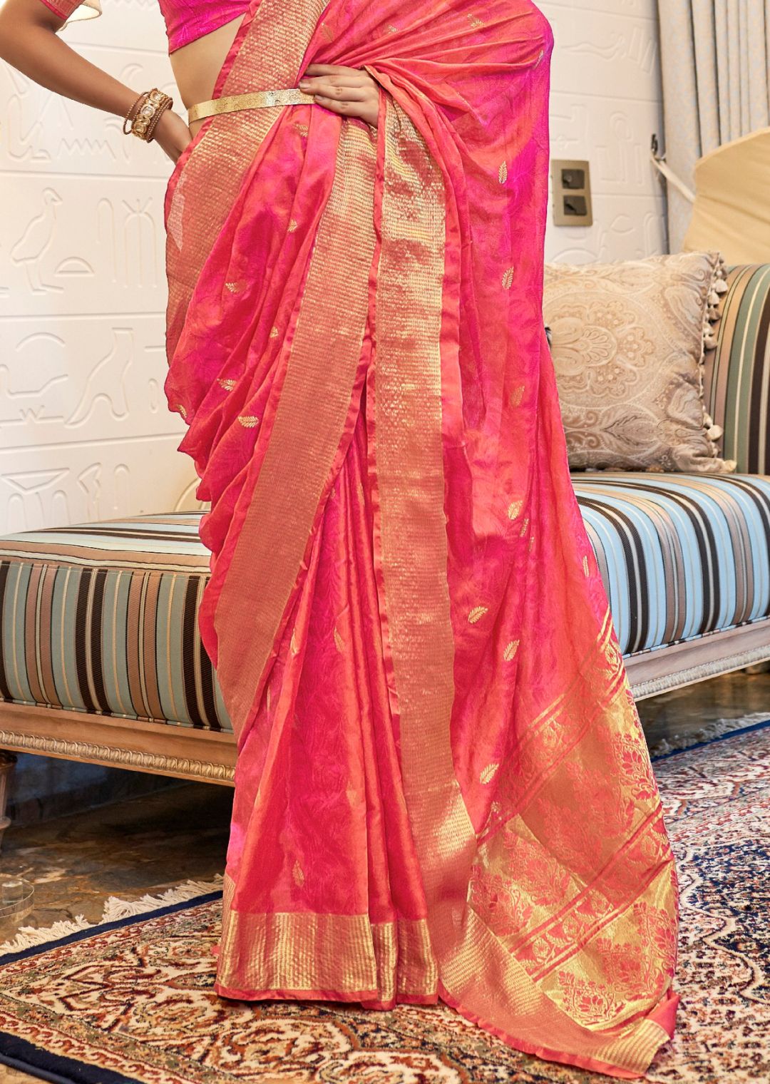 French Rose Pink Woven Handloom Zari Silk Saree