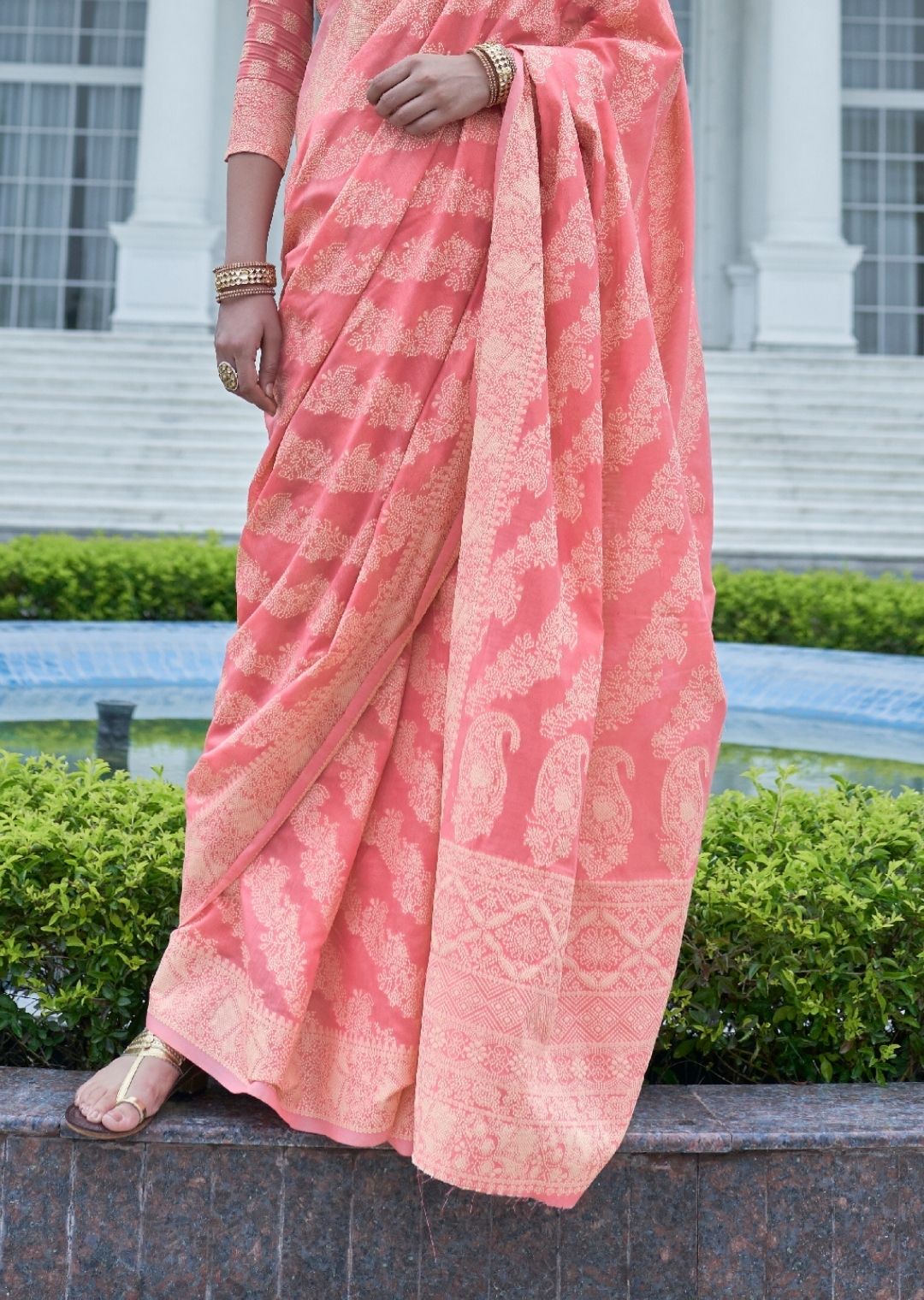 Light Brick Pink Hand Woven Lucknowi Cotton Saree