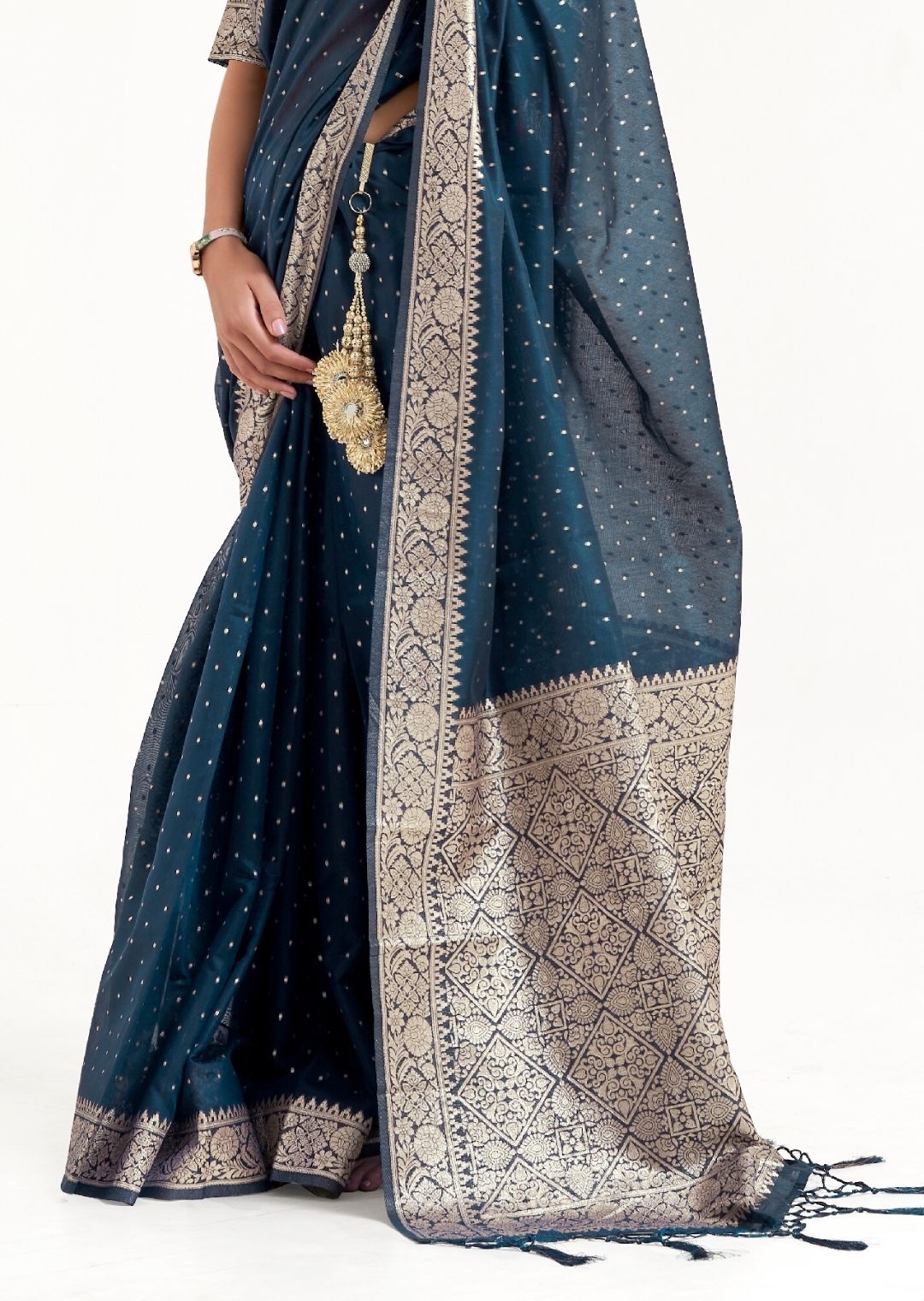 Prussian Blue Woven Soft Tussar Cotton Silk Saree