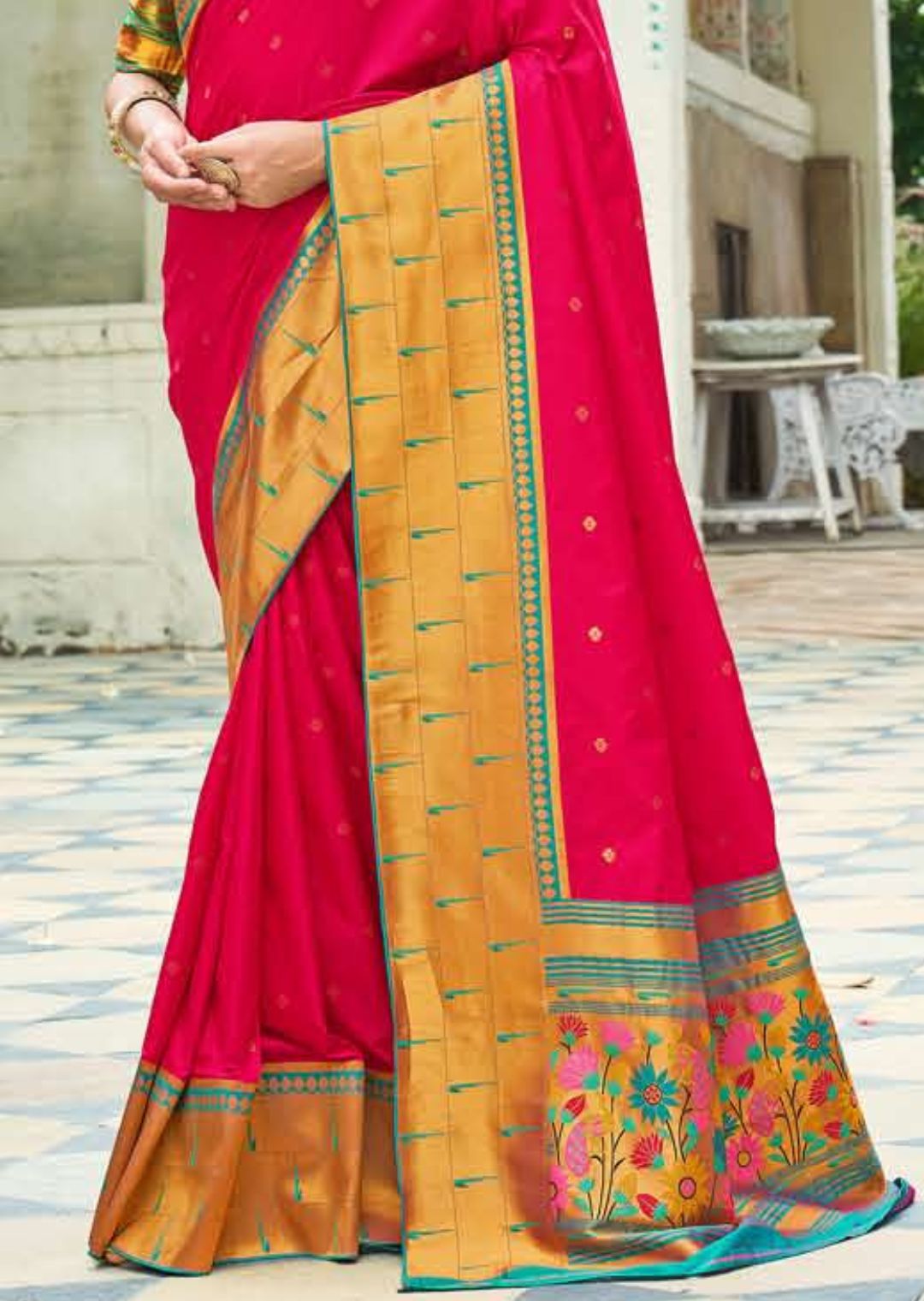 Ruby Pink Woven Traditional Paithani Silk Saree