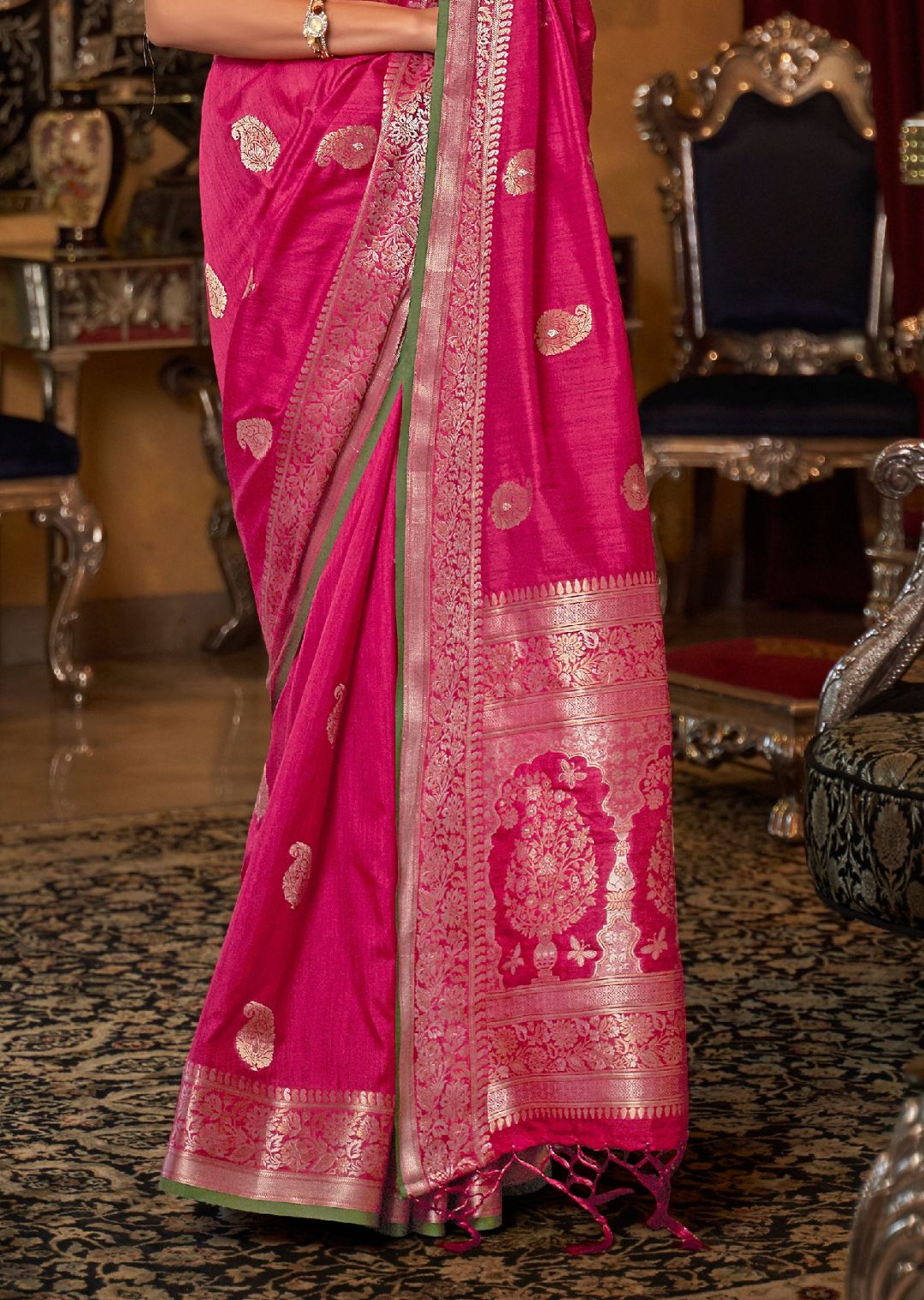 Deep Pink Zari Woven Pure Handloom Tessar Silk Saree