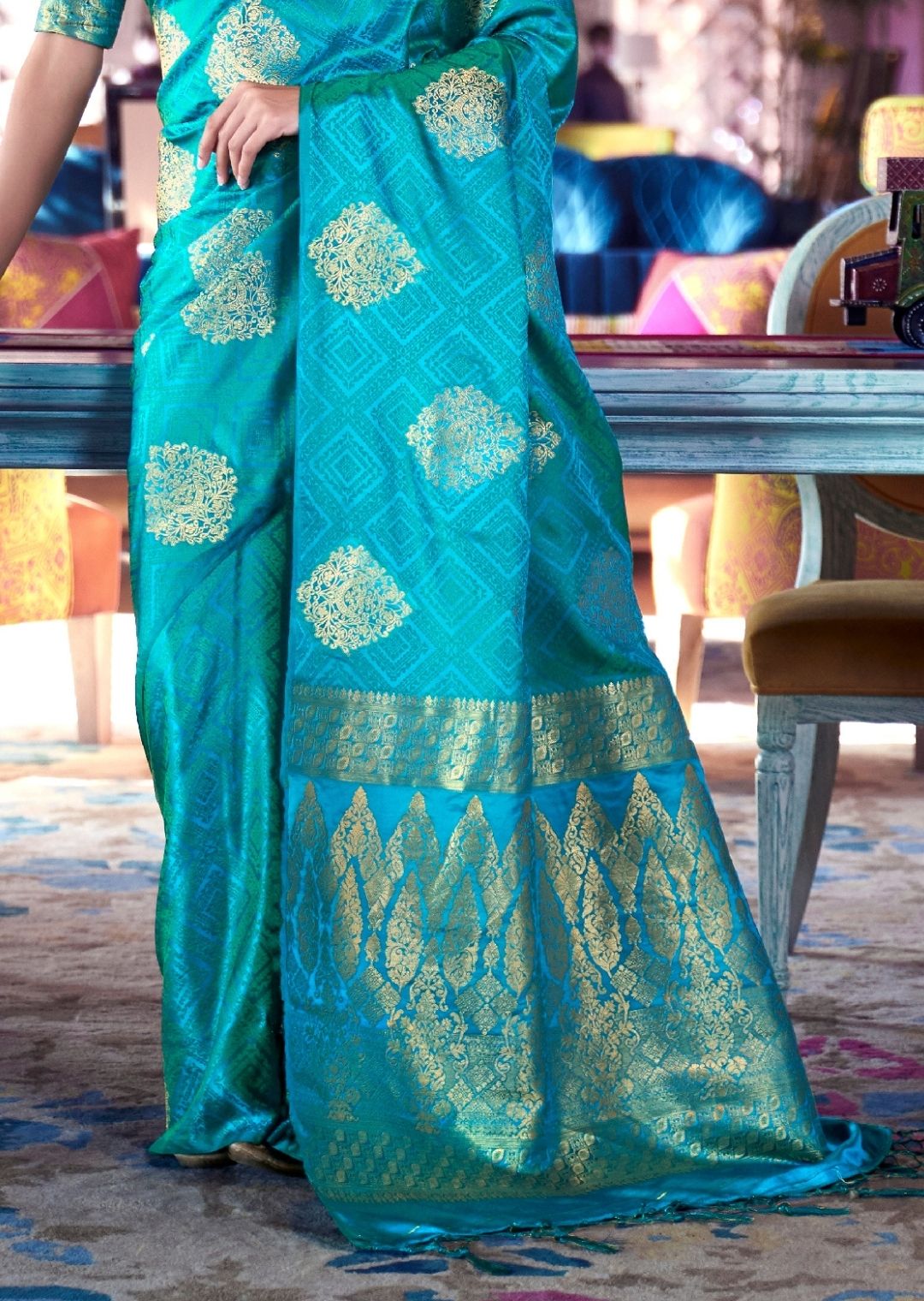 Sky Blue Woven Pure Satin Silk Saree