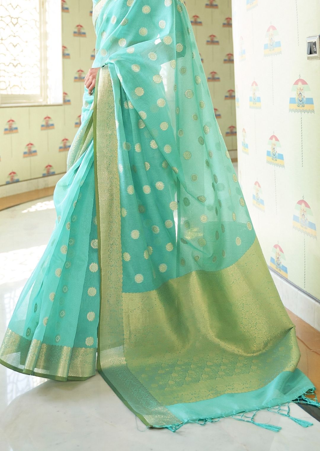 Aqua Blue Hand Woven Organza Silk Saree