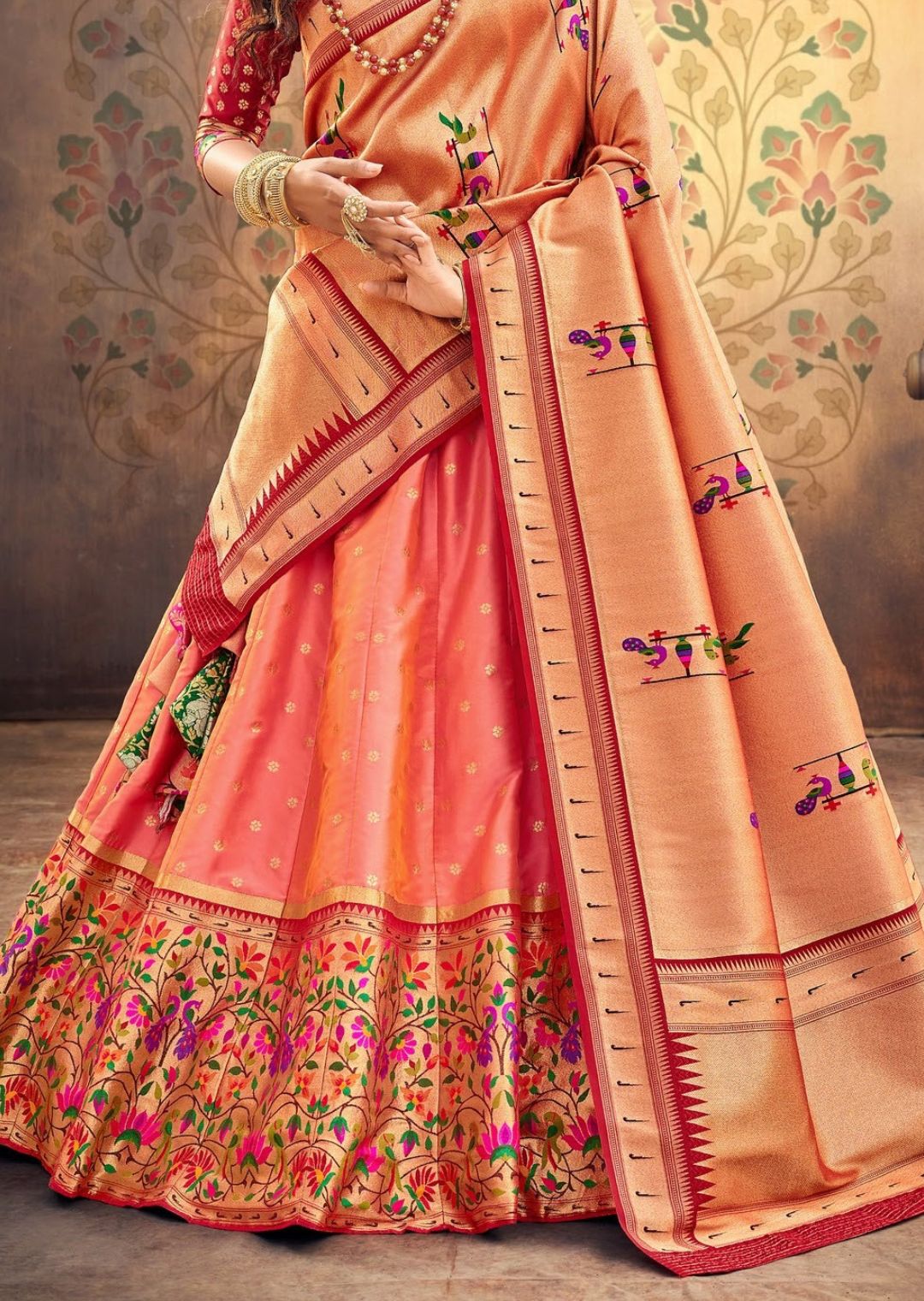 Peach Woven Paithani Silk Lehenga