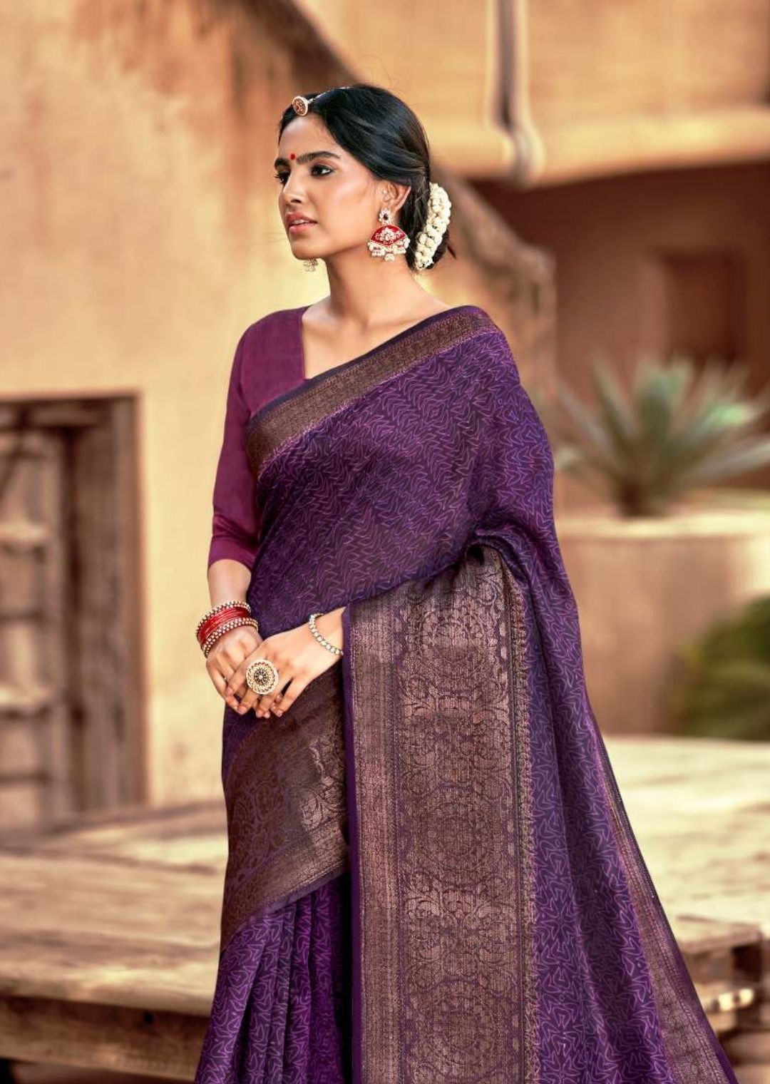 Purple Banarasi Silk Jacquard Woven Saree with Blouse