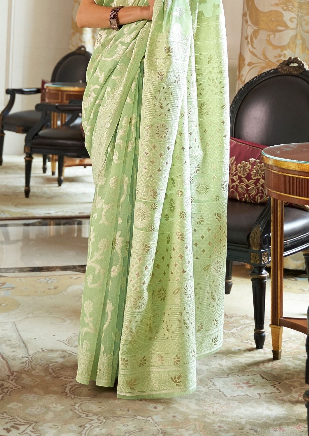 Pista Green Hand Woven Lucknowi Cotton Saree