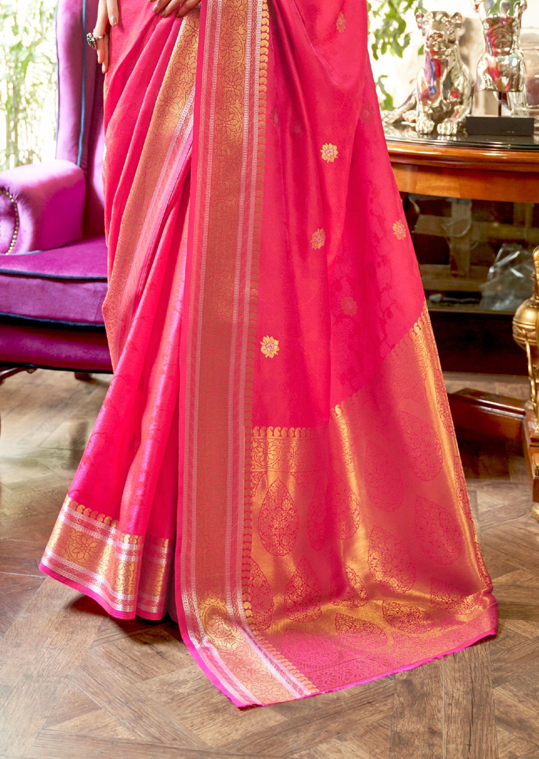 Deep Watermelon Pink Woven Handloom Zari Silk Saree