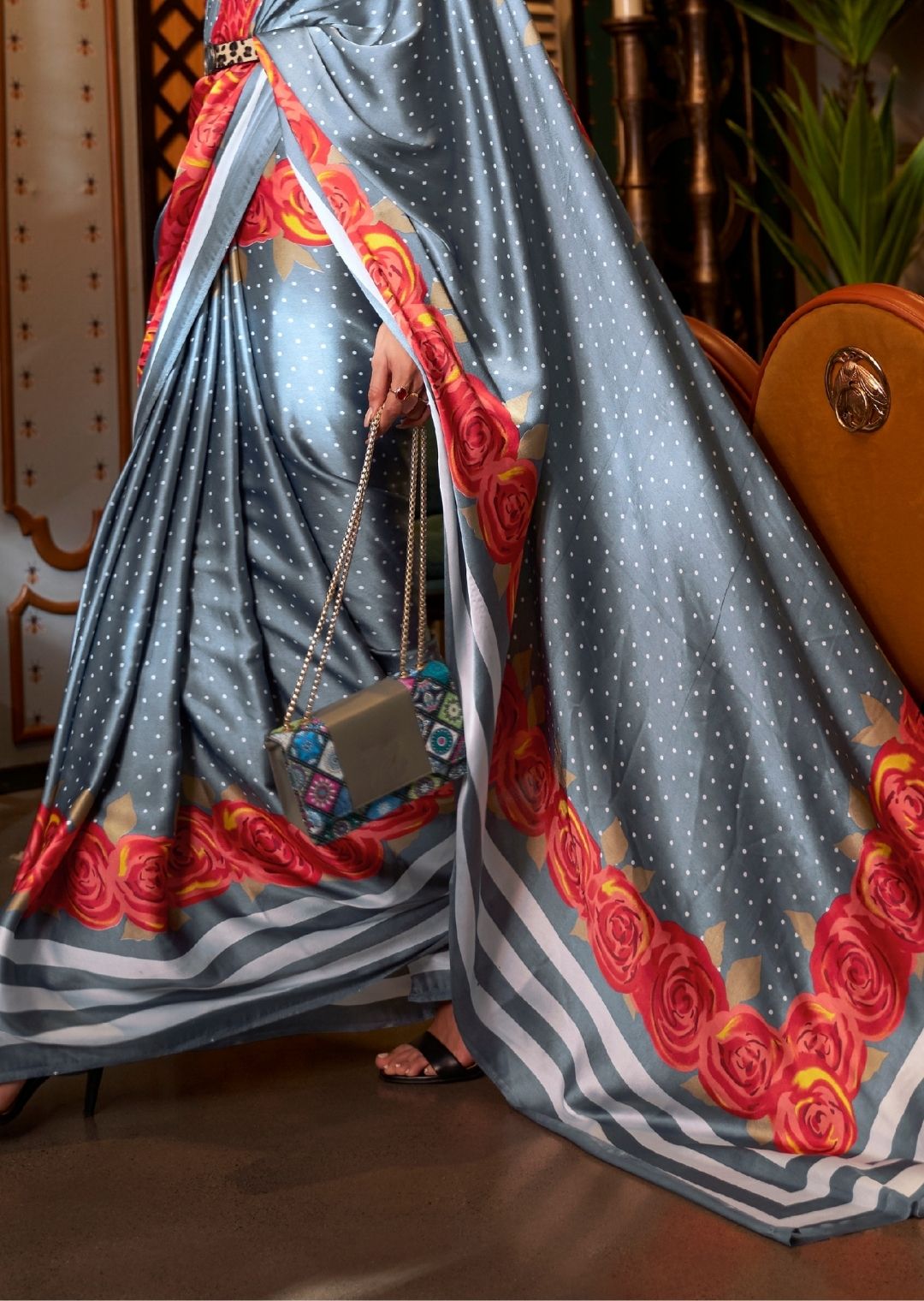 Dolphin Gray Digital Printed Satin Crepe Silk Saree