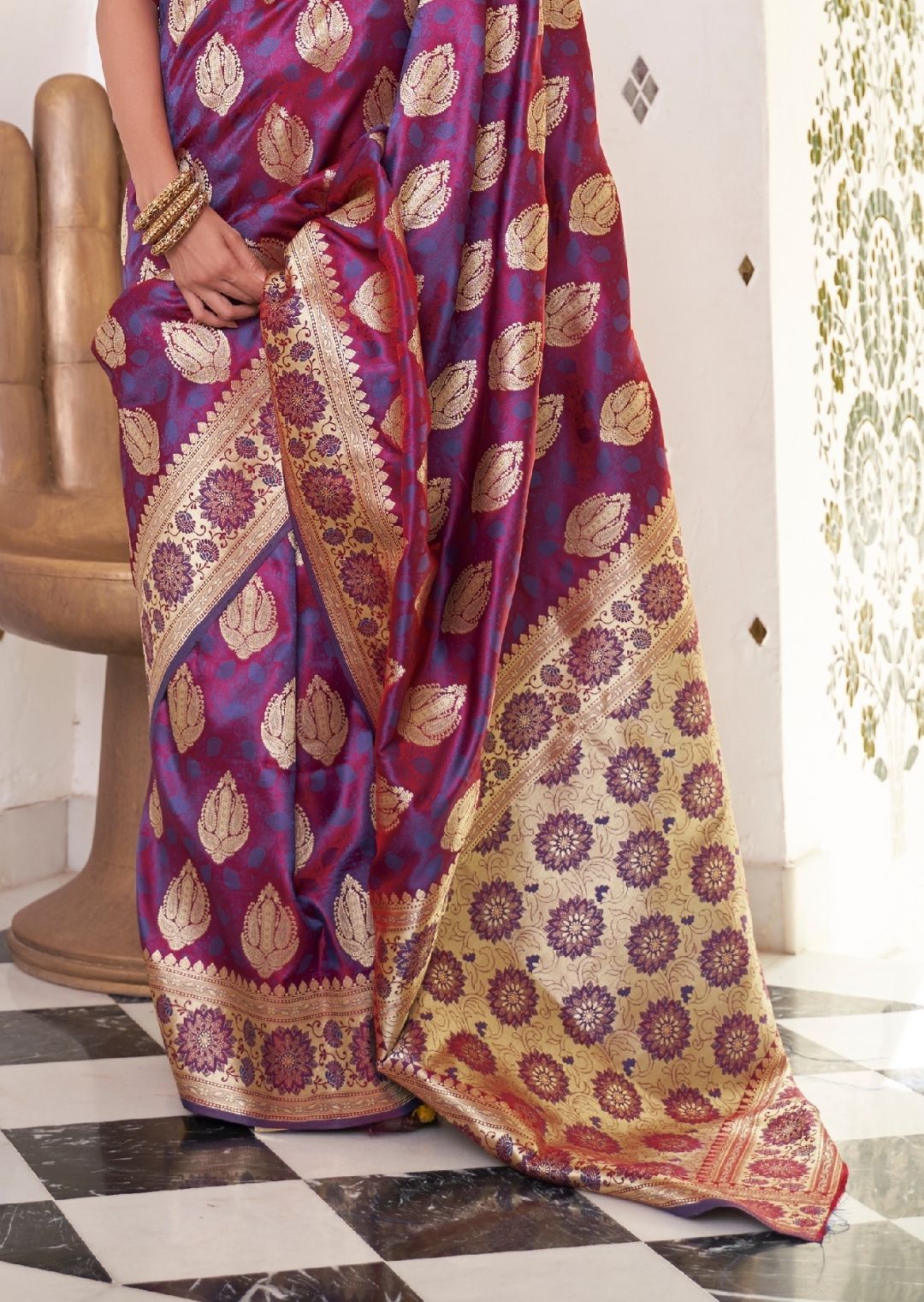 Plum Purple Woven Pure Satin Banarasi Silk Saree