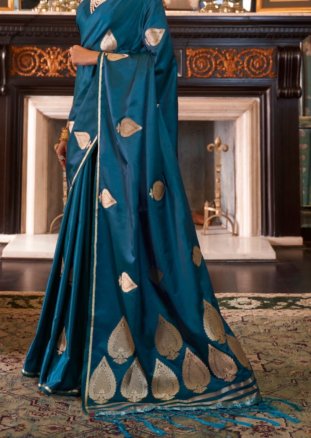 Yale Blue Woven Pure Satin Silk Saree