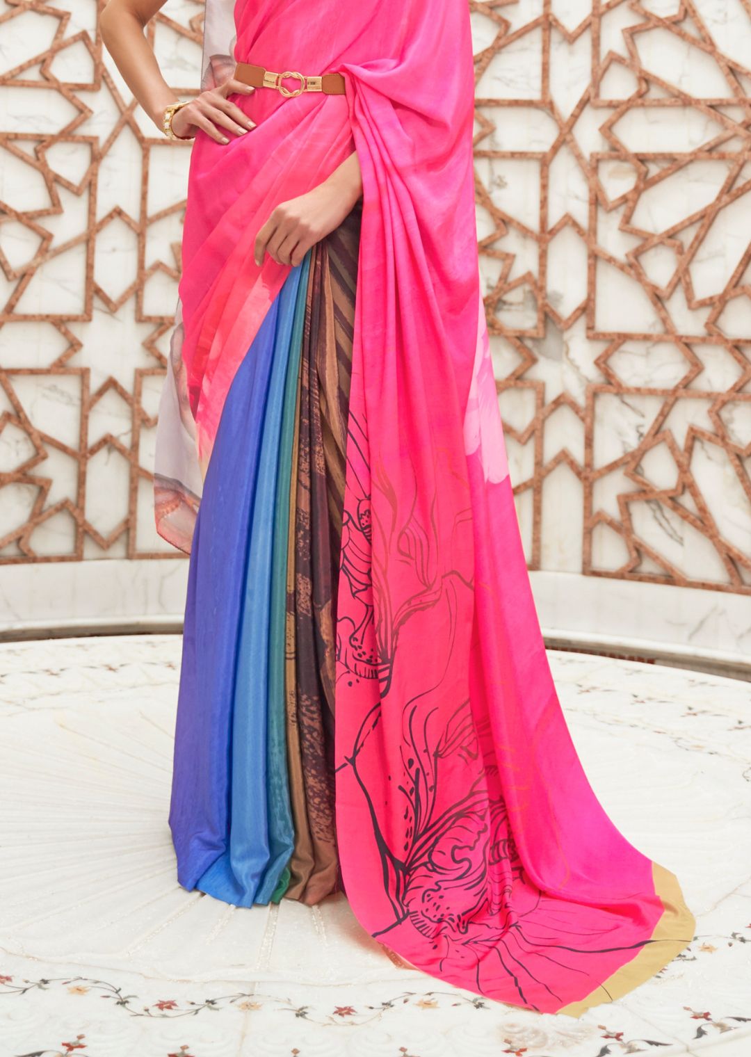 Hot Pink Kalamkari Printed Pure Crepe Silk Saree