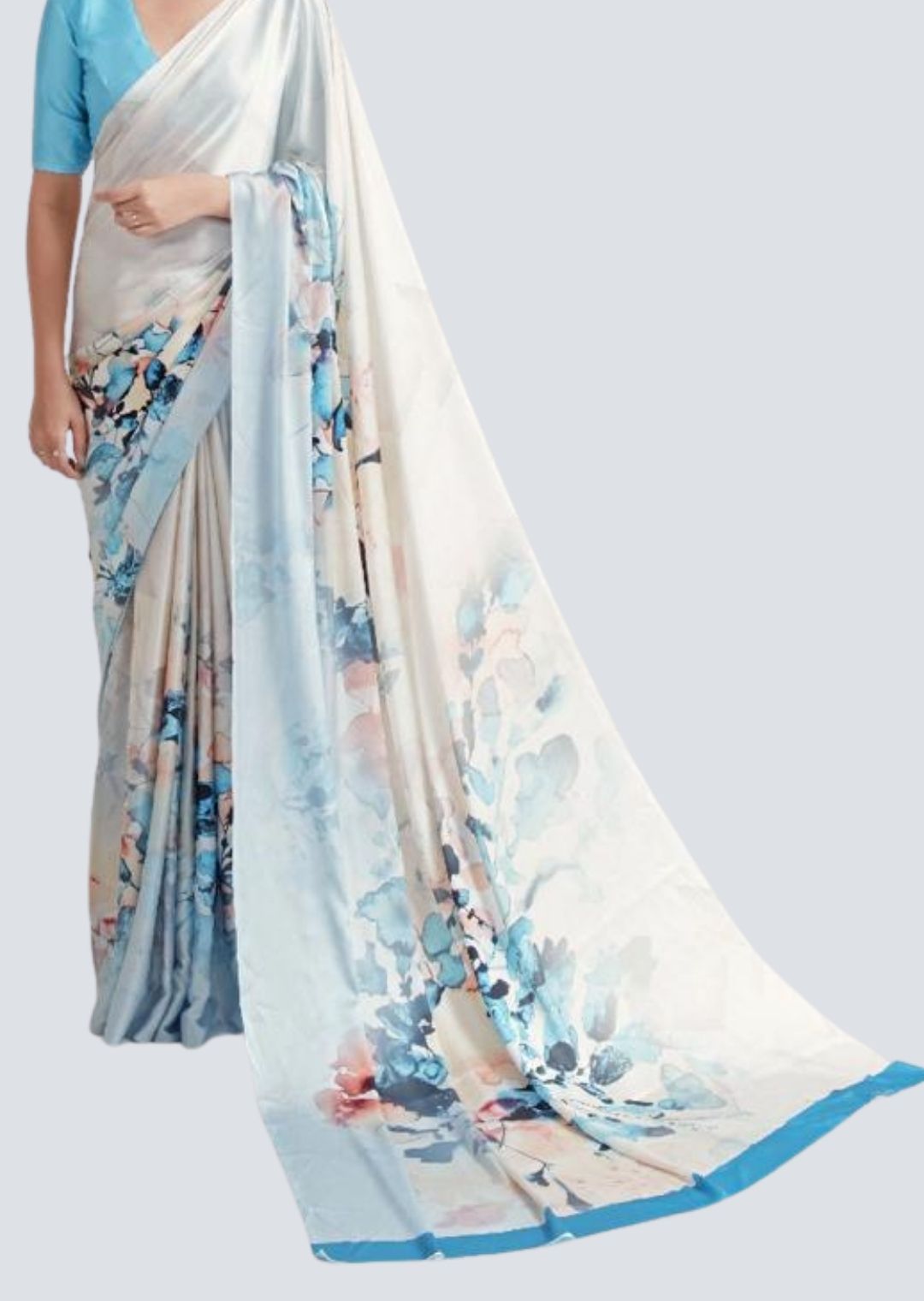 Cloud White & Aqua Blue Shaded Digital Printed Satin Crepe Saree