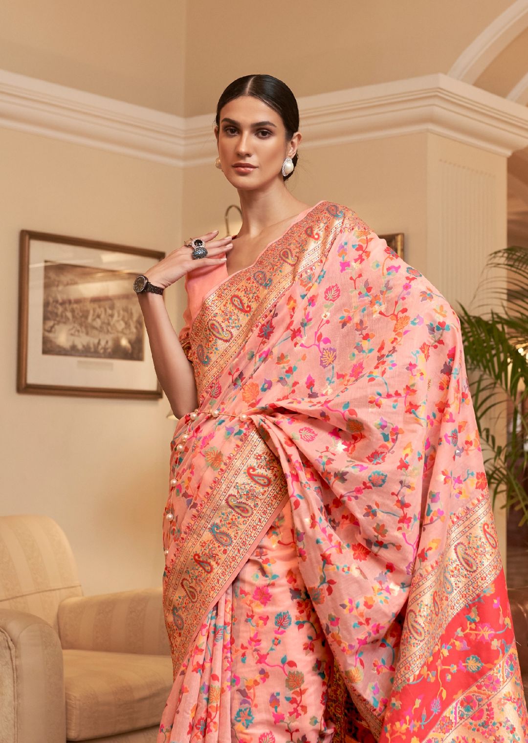 Peach Woven Pure Handloom Kashmiri Jamewar Silk Saree