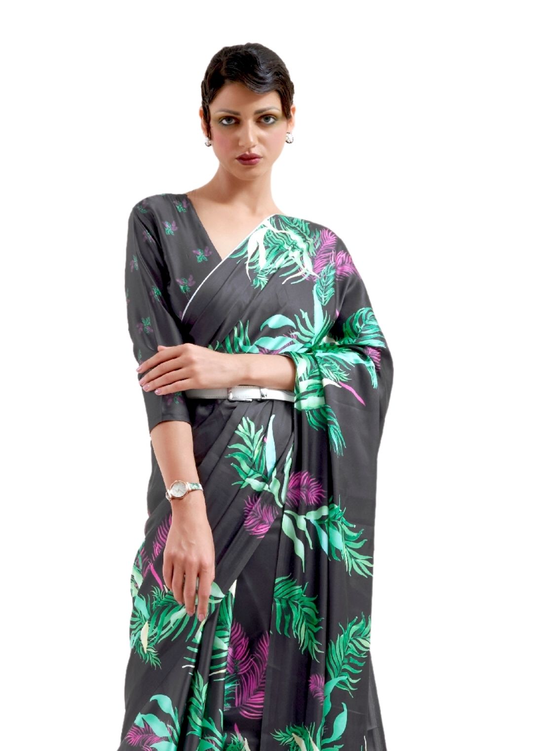 Black Digital Printed Satin Crepe Saree