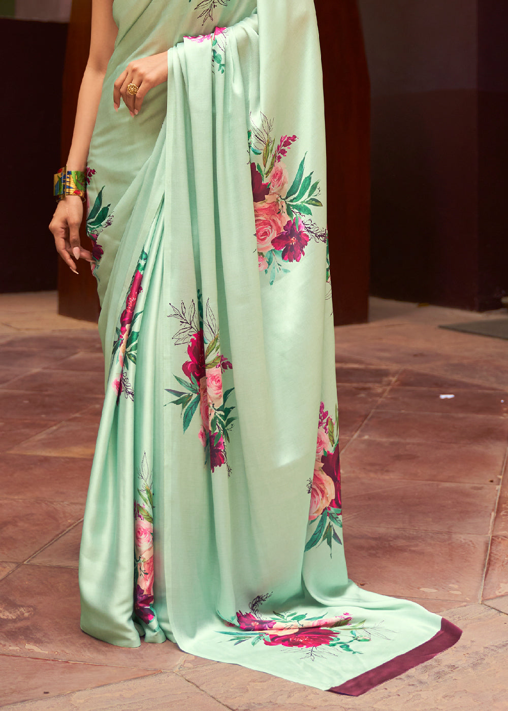 MINT GREEN WOVEN DIGITAL PRINTED PURE SATIN CREPE SILK SAREE